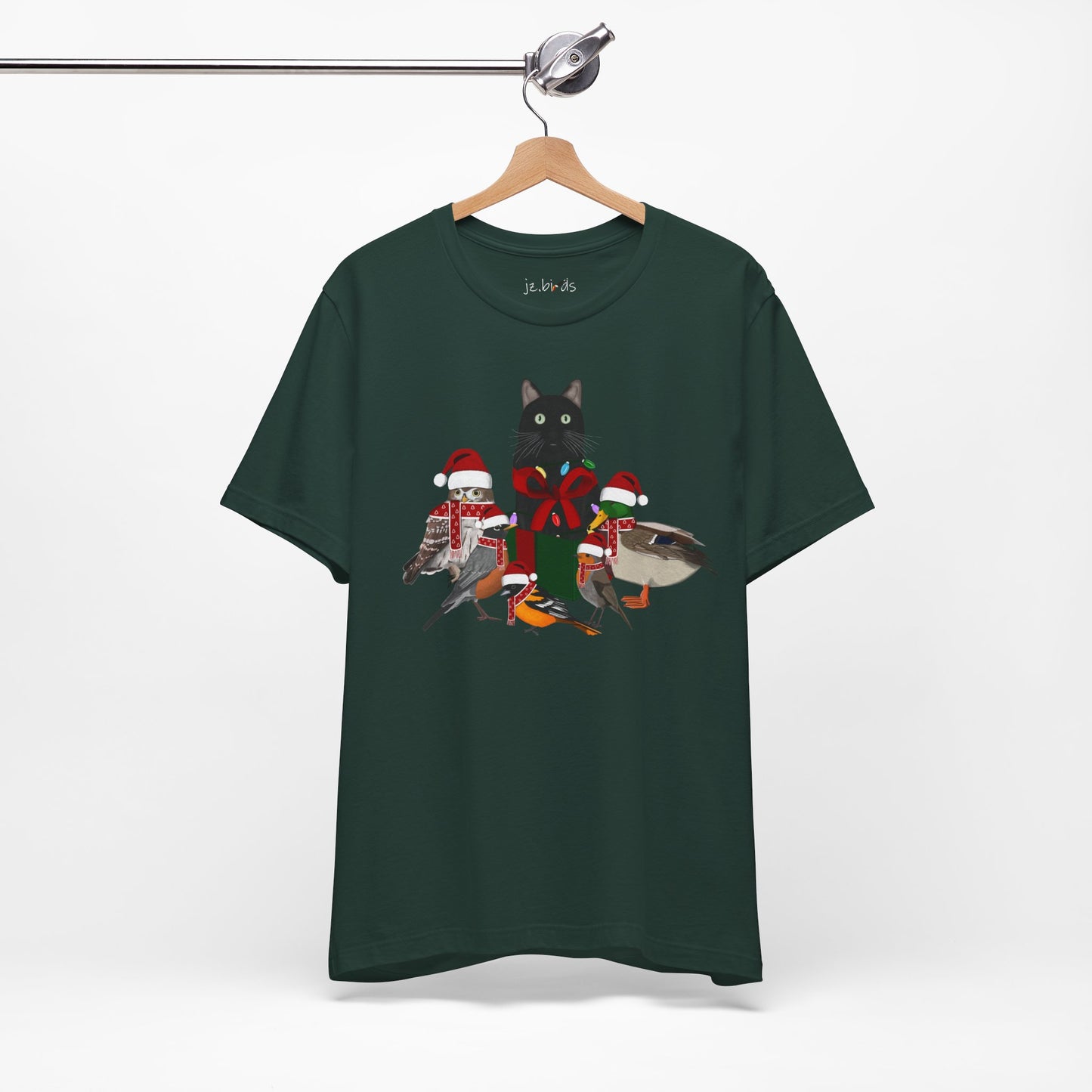 Robin Mallard Oriole Owl with Cat in a Box and Fairy Lights Christmas Bird T-Shirt