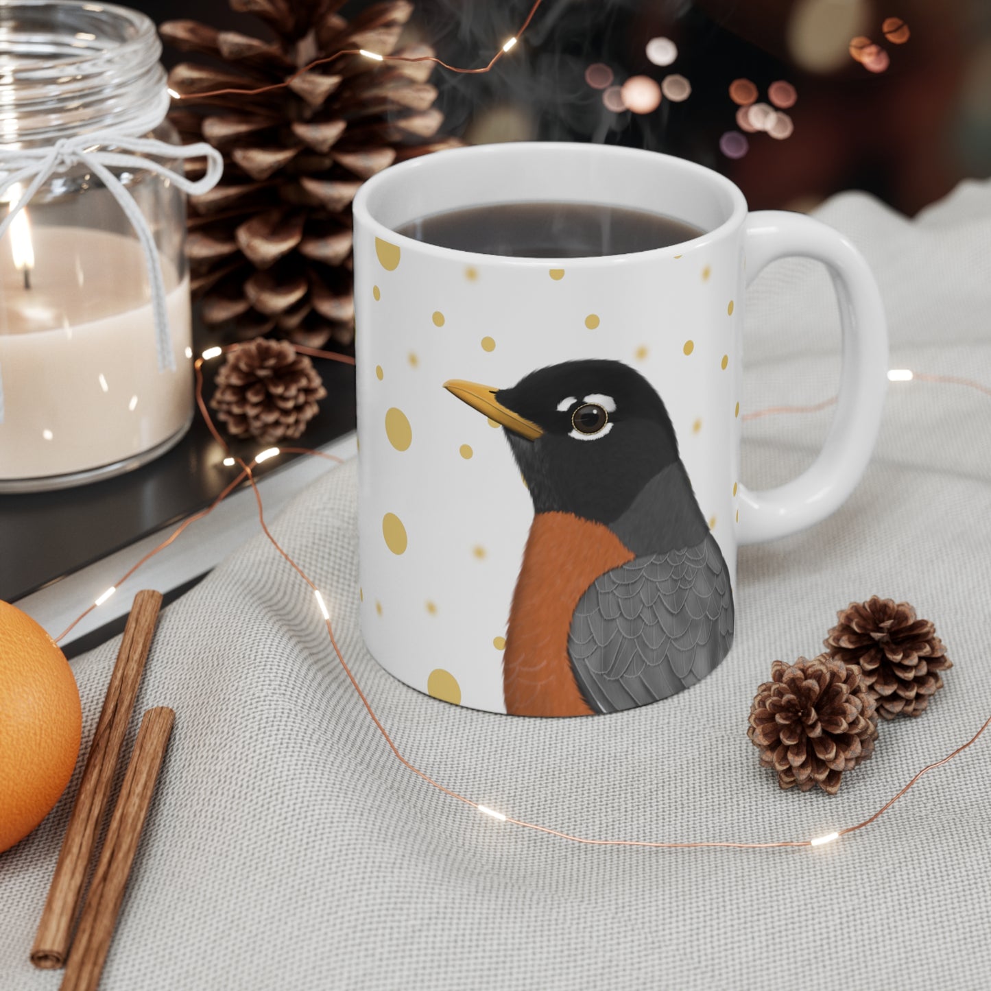 Robin Bird Ceramic Mug White Golden Dots 11oz