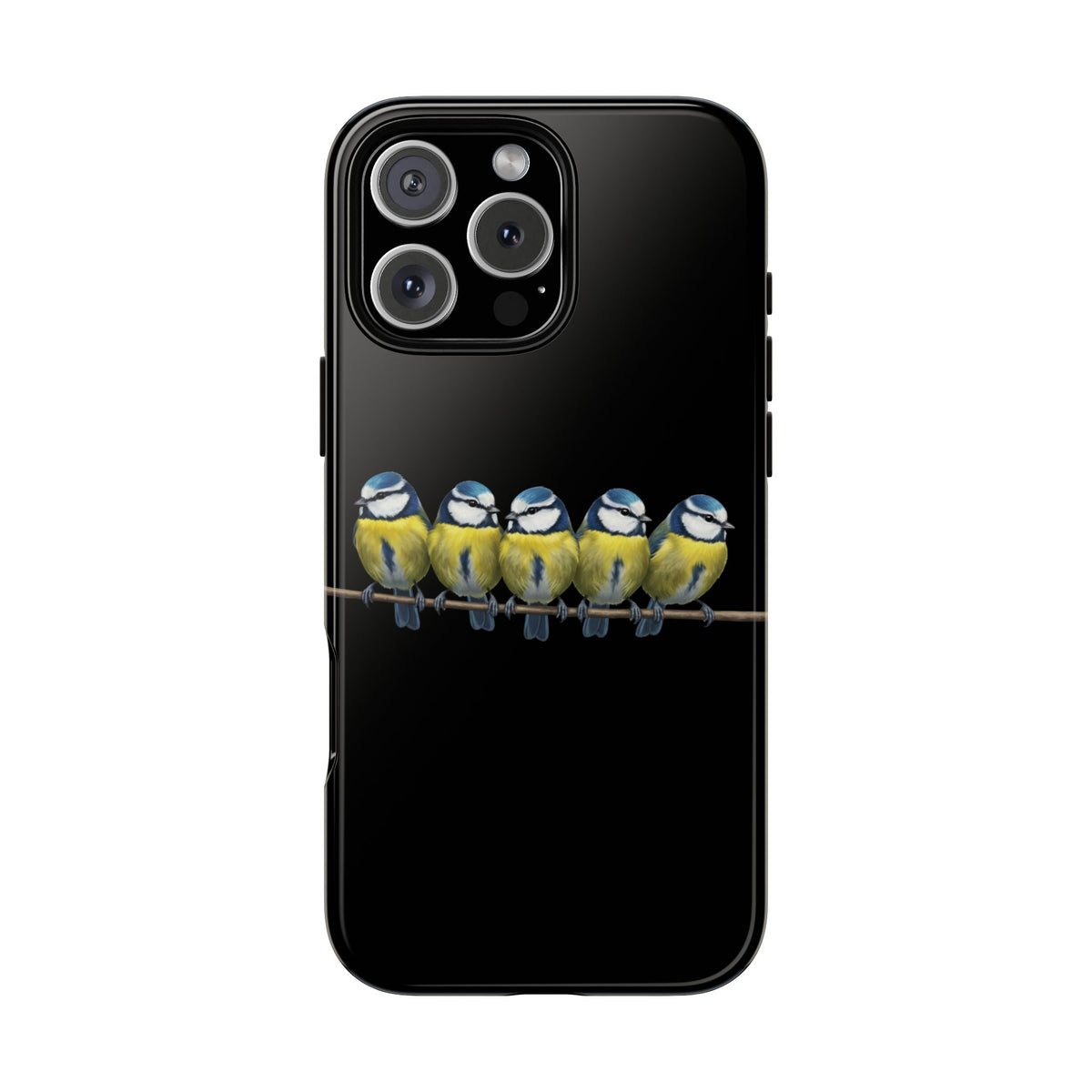 Funda premium para móvil de carbonero azul en una rama – Doble protección e impresión integral, negra