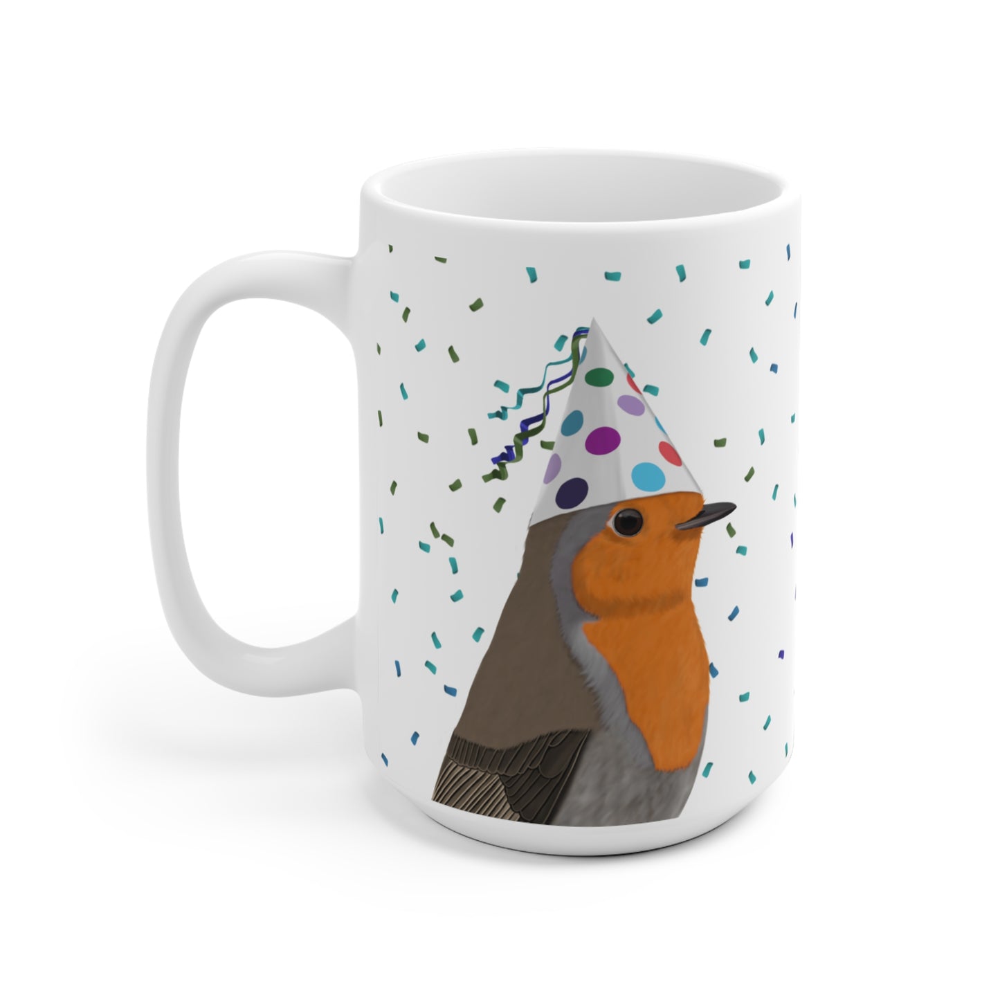 Rotkehlchen feiert Geburtstag mit Partyhut und Konfetti Vogel Tasse