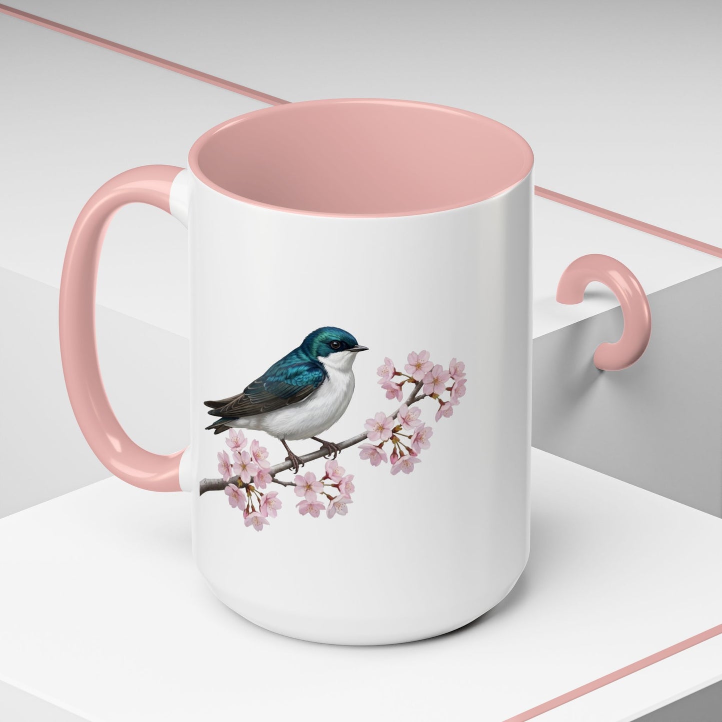 Tree Swallow Cherry Blossom Mug | Pink Ceramic Coffee Cup for Bird Lovers