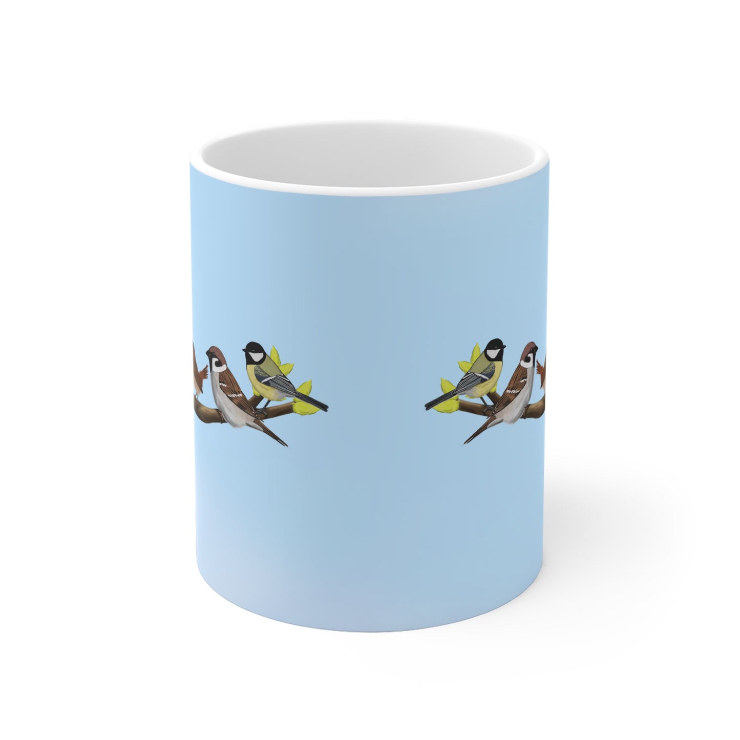 Vögel auf einem Ast Tasse Amsel Rotkehlchen Blaumeise Zaunkönig Spatz Kohlmeise Blau