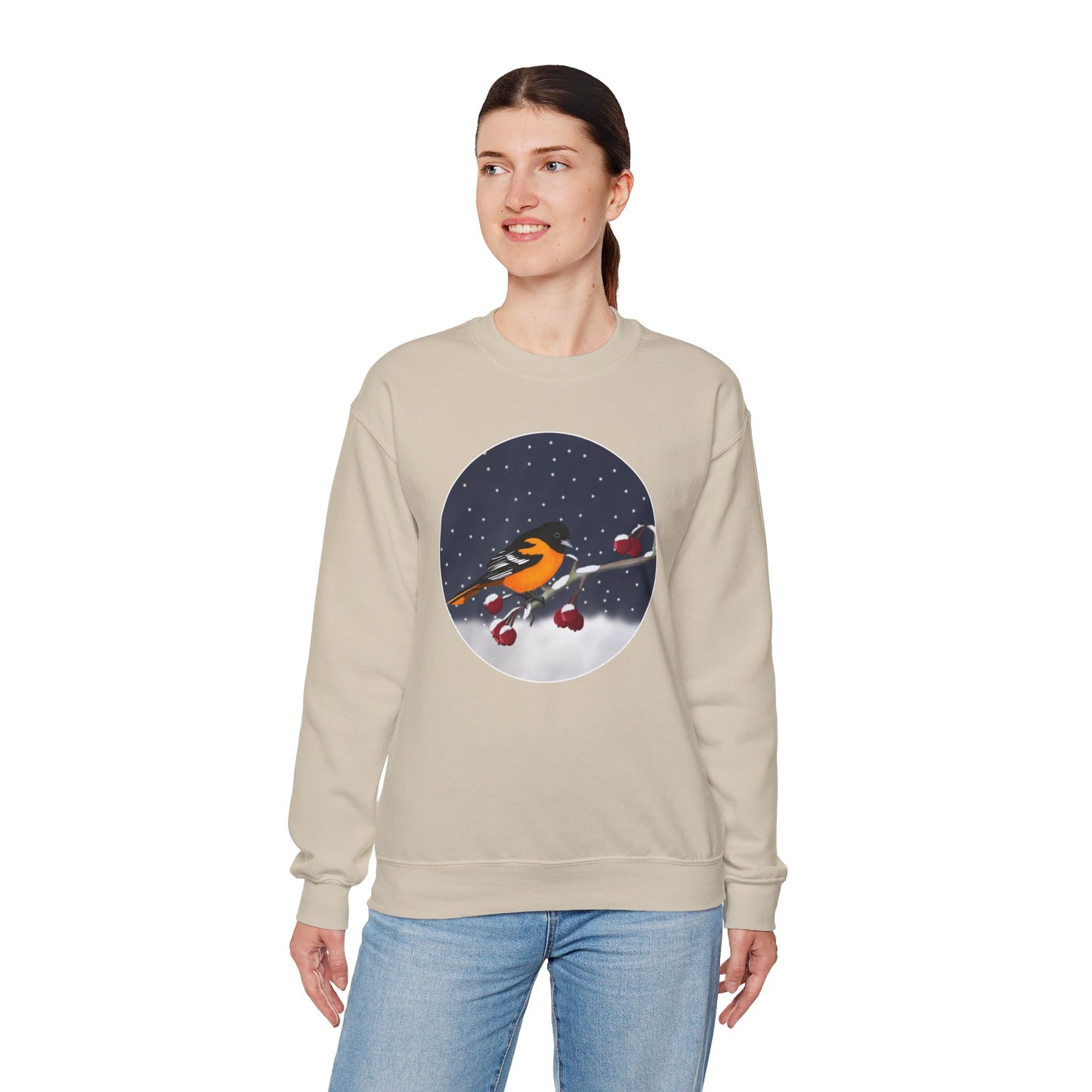 Baltimore Oriole on a Winter Branch Birdwatcher Christmas Bird Sweatshirt