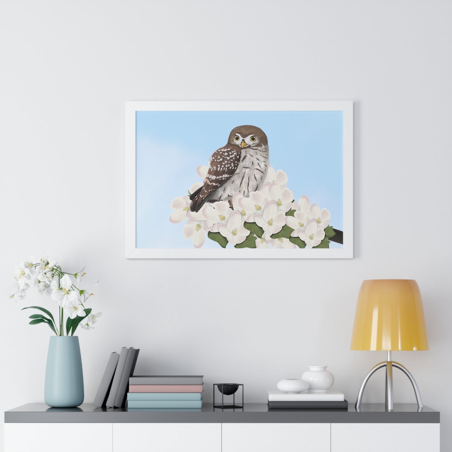 Little Owl Spring Blossoms Bird Framed Poster