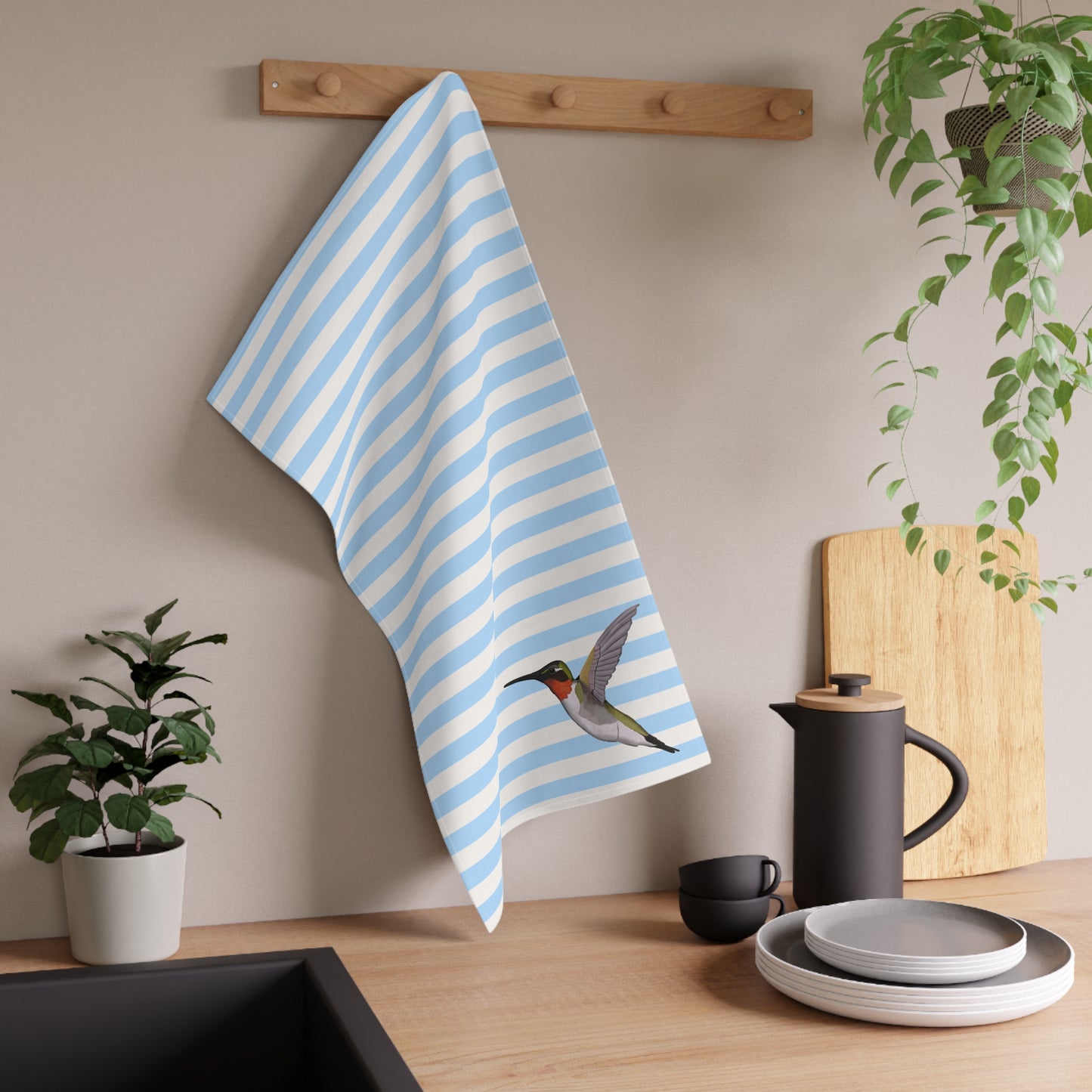 Hummingbird Bird Art Kitchen Towel Blue White 18" × 30"