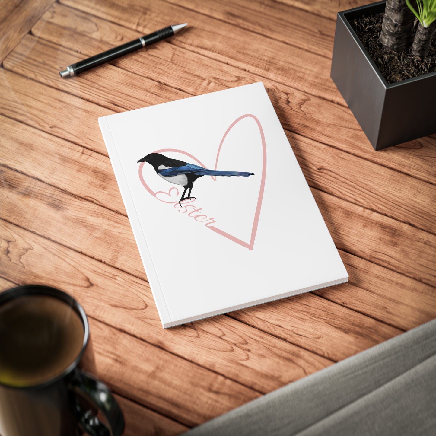 Elster Notizbuch Vogel mit Herz A5 Softcover 150 Seiten Liniert Weiß