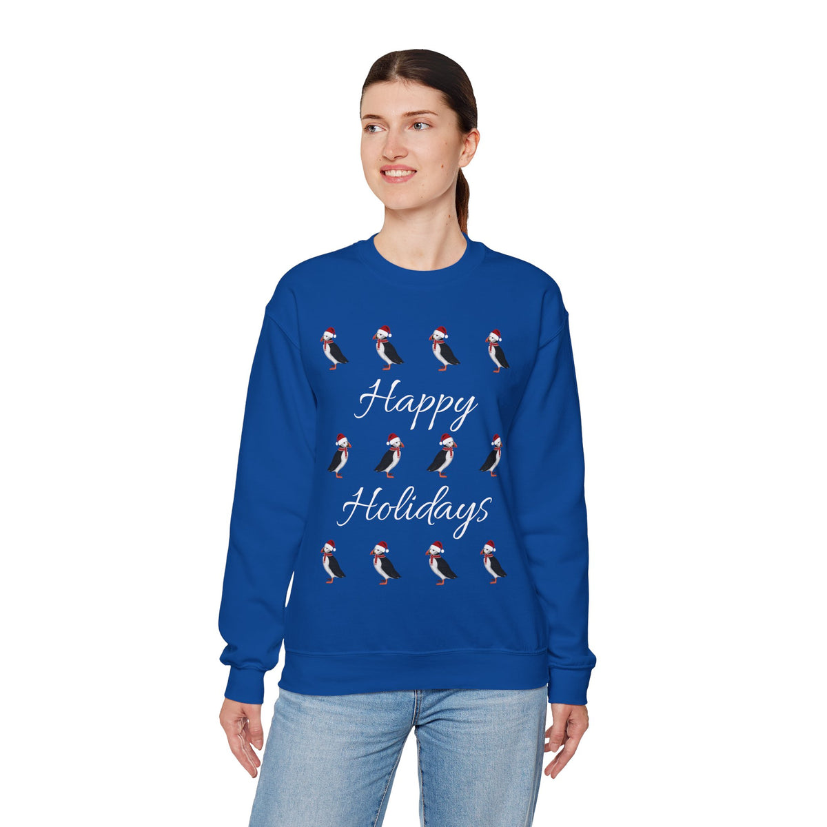 Puffin as Santa with Hat and Scarf Happy Holidays Birdwatcher Christmas Bird Sweatshirt