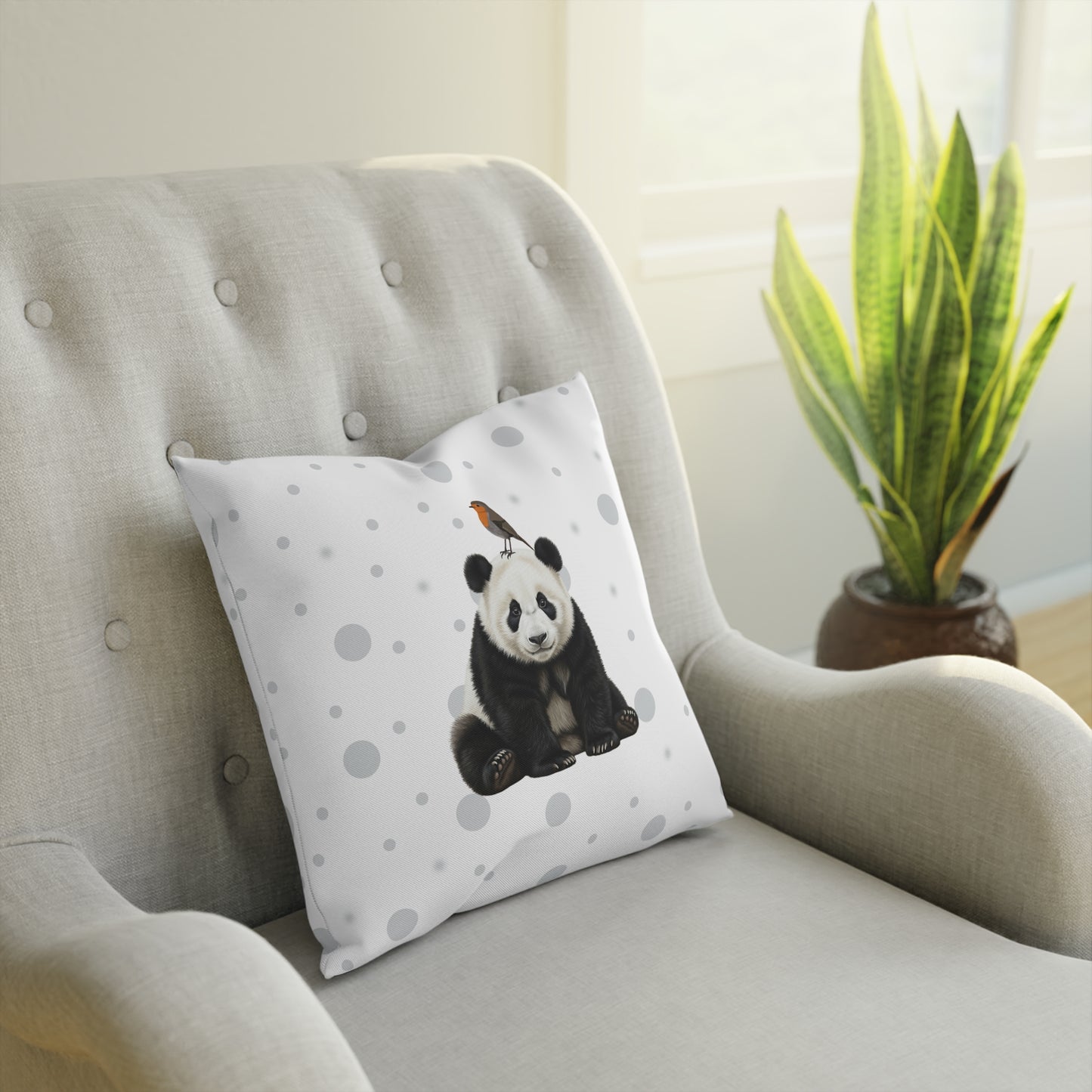 Rotkehlchen mit Panda Vogel Tiermotiv Kissen – Dekokissen mit Vogelmotiv Weiß mit grauen Punkten
