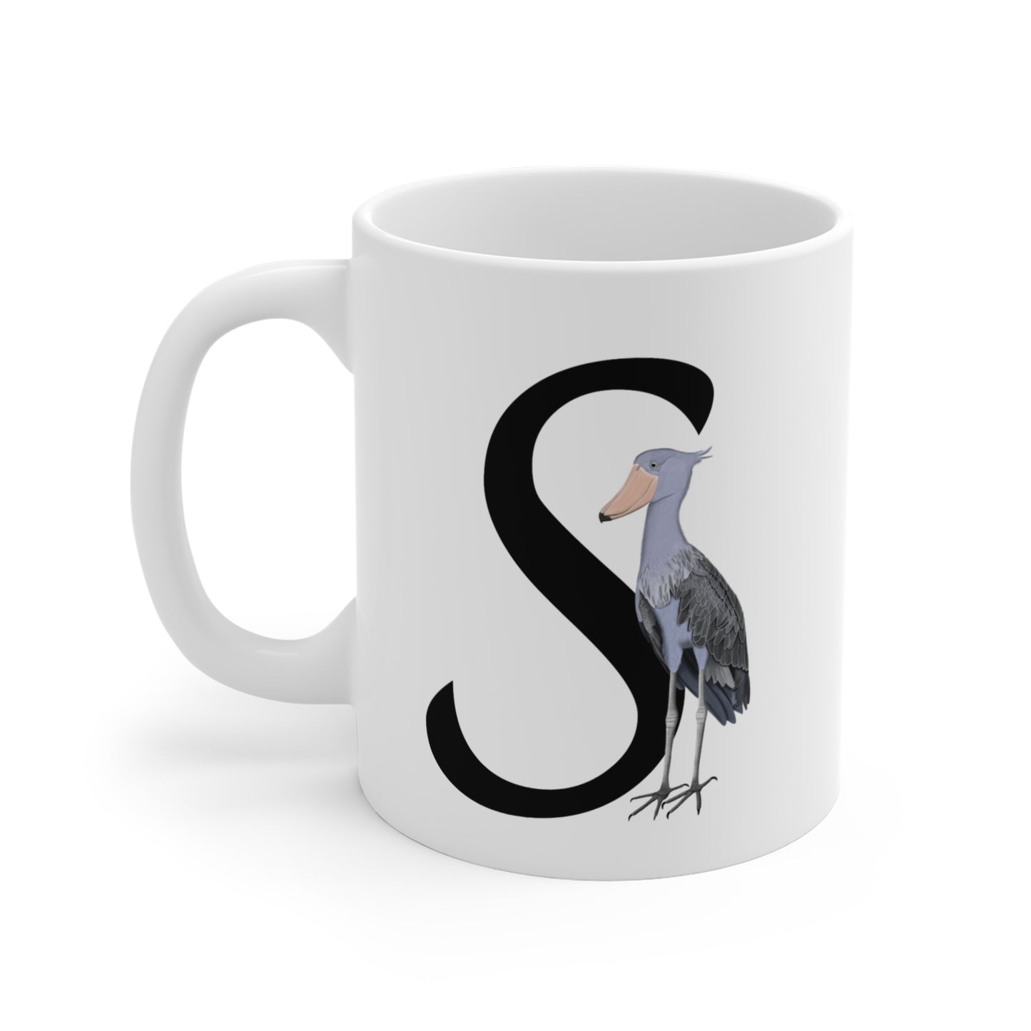 Shoebill Letter S Bird Ceramic Mug 11oz White