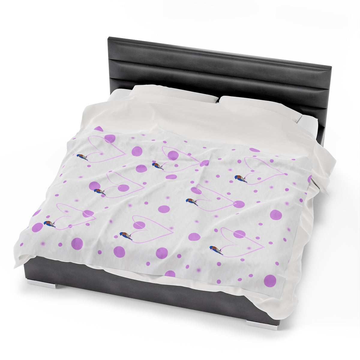 Bluebird Valentine's Day Bird Velveteen Plush Blanket Pink Hearts and Dots – All Over Print, Sofa Blankets