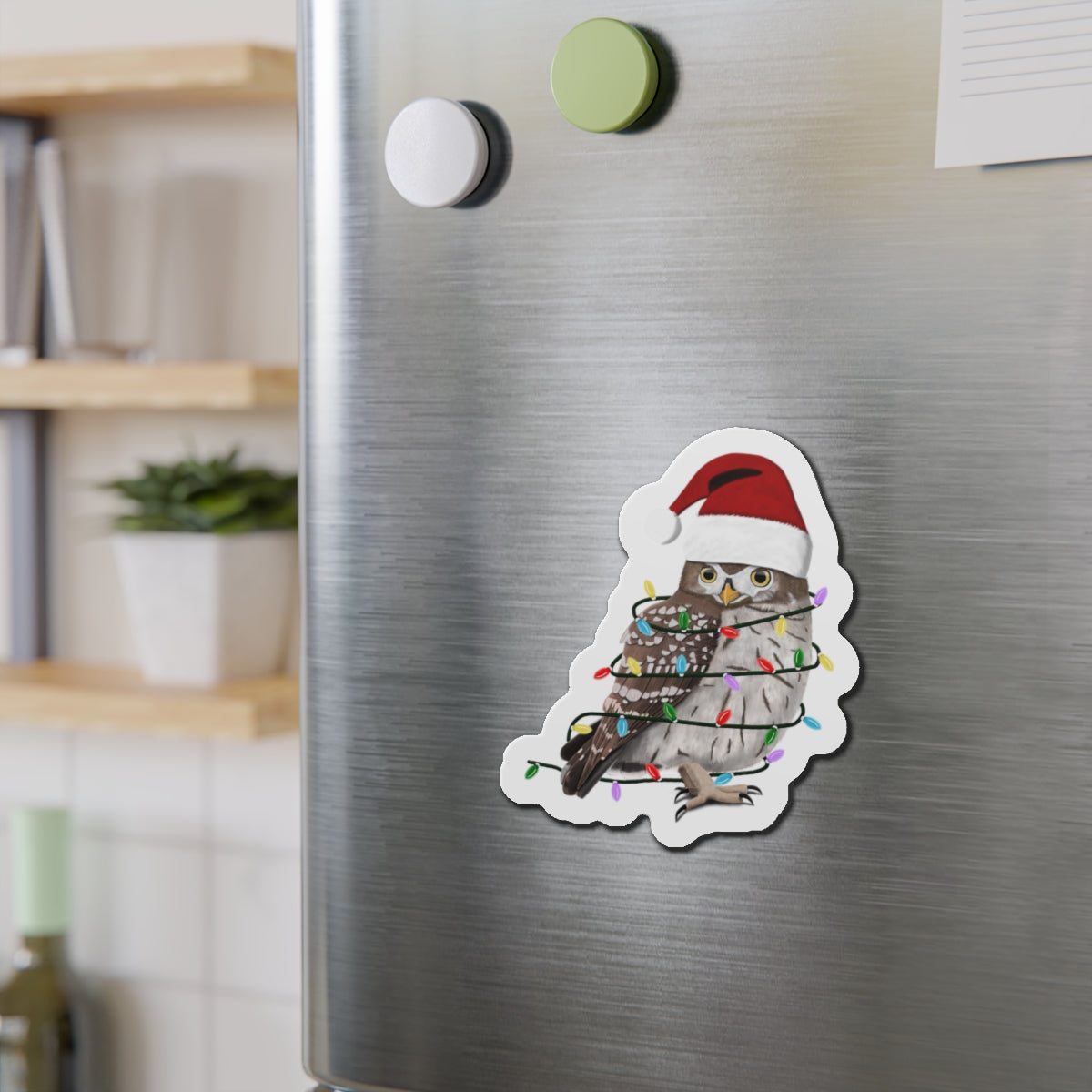 Owl with Fairy Lights and Scarf Christmas Bird Magnet