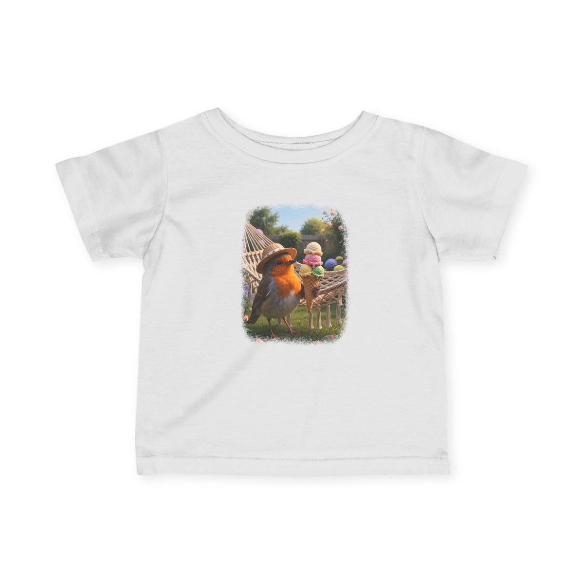 A white short-sleeve baby t-shirt with a colorful graphic print of a robin bird and a ice cream cone on the front, displayed against a solid white background.