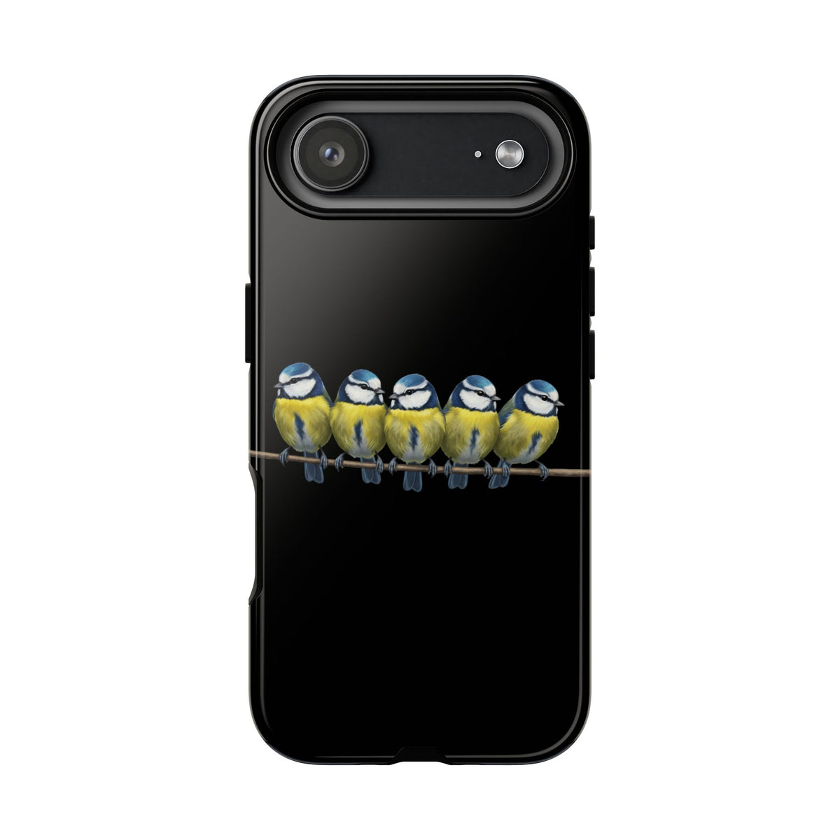 Funda premium para móvil de carbonero azul en una rama – Doble protección e impresión integral, negra