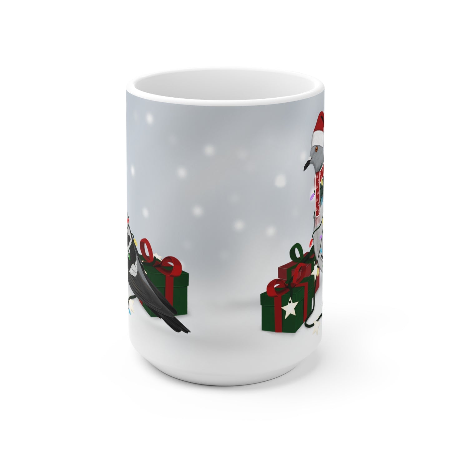 Taube mit Lichterkette im Winter Weihnachten Schnee Vogel Tasse