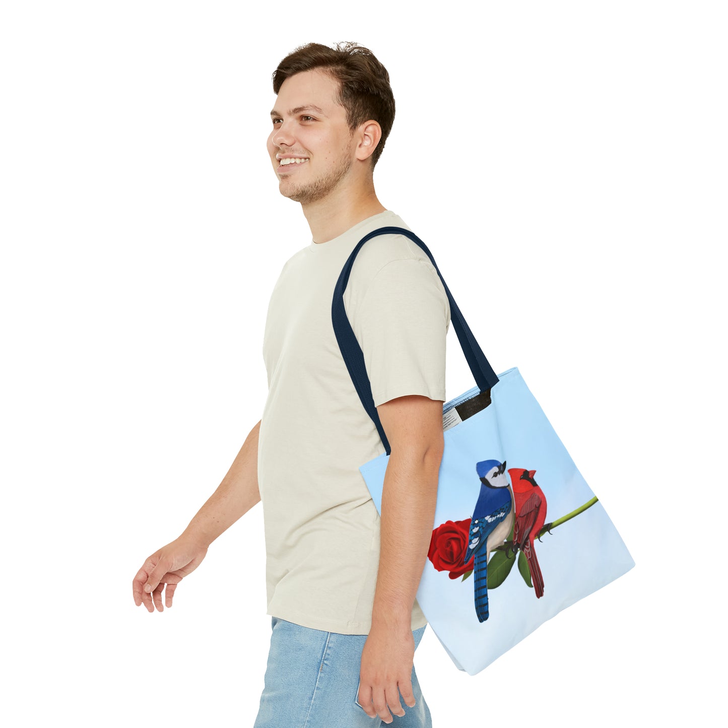Blue Jay and Cardinal on a Rose Valentine's Day Bird Tote Bag 16"x16" - jz.birds