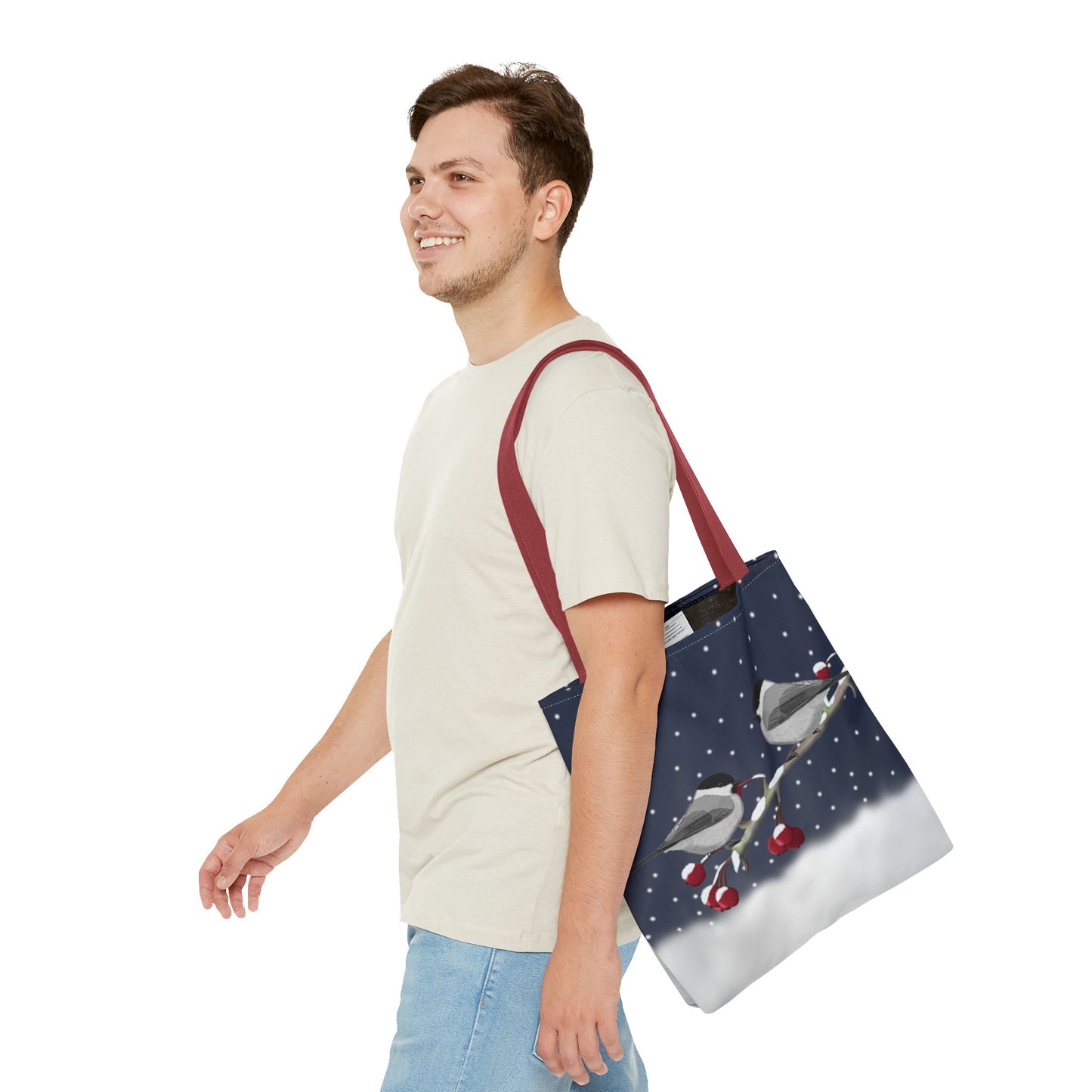 Willow Titmice on a Winter Branch Christmas Bird Tote Bag 16"x16" – Accessories, Bags