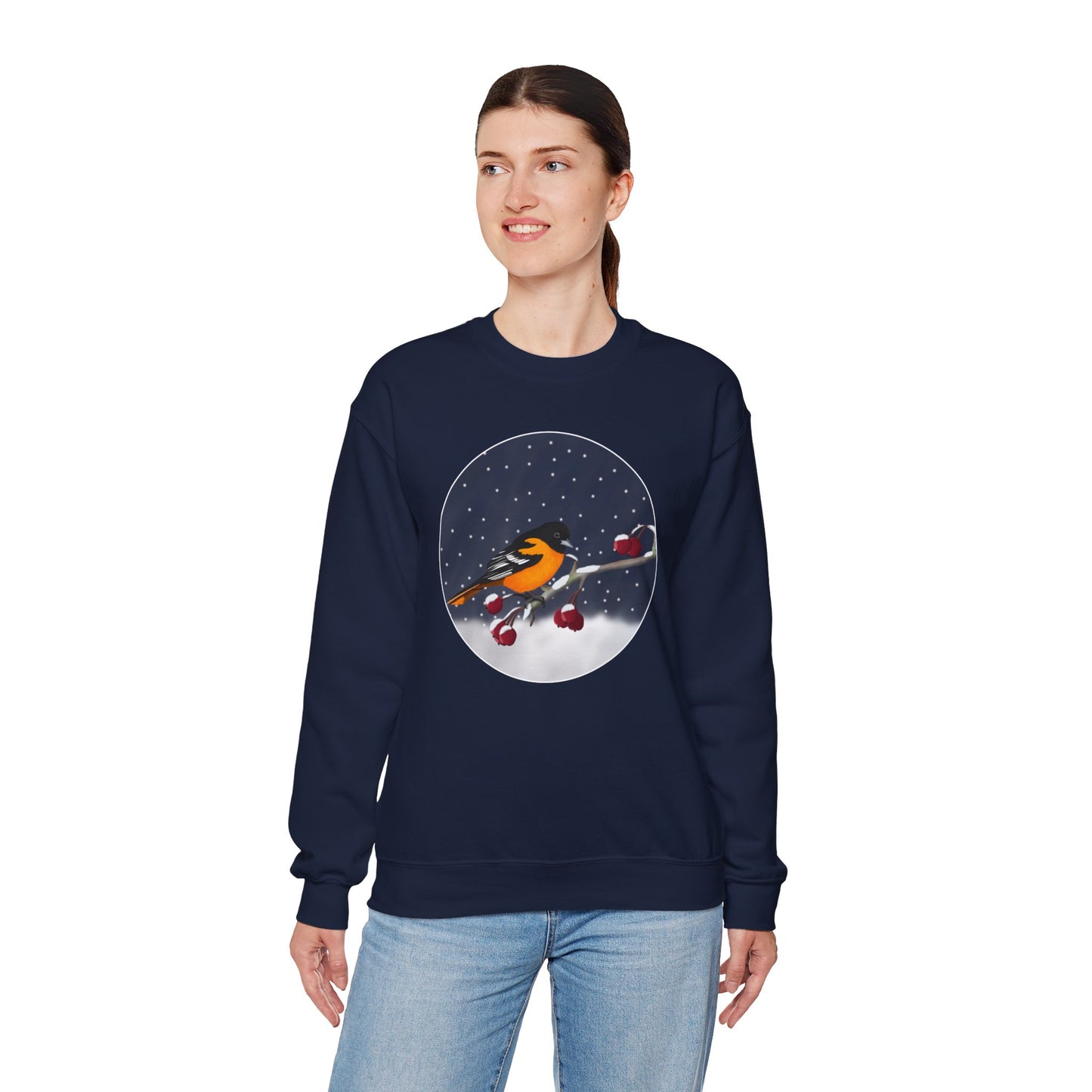Baltimore Oriole on a Winter Branch Birdwatcher Christmas Bird Sweatshirt
