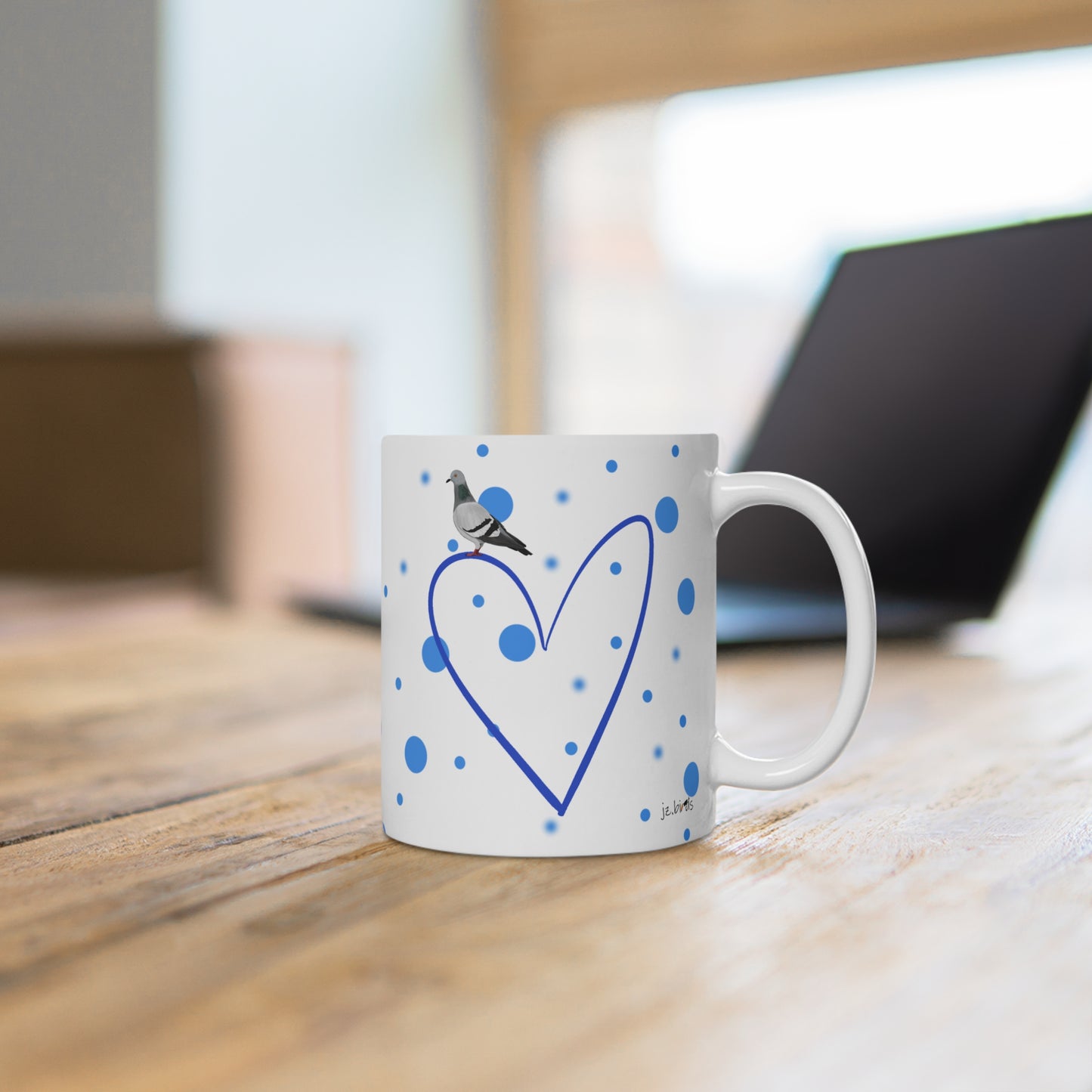 Taube mit Herz Valentinstag Vogel Tasse Punkte Blau – 11 oz,