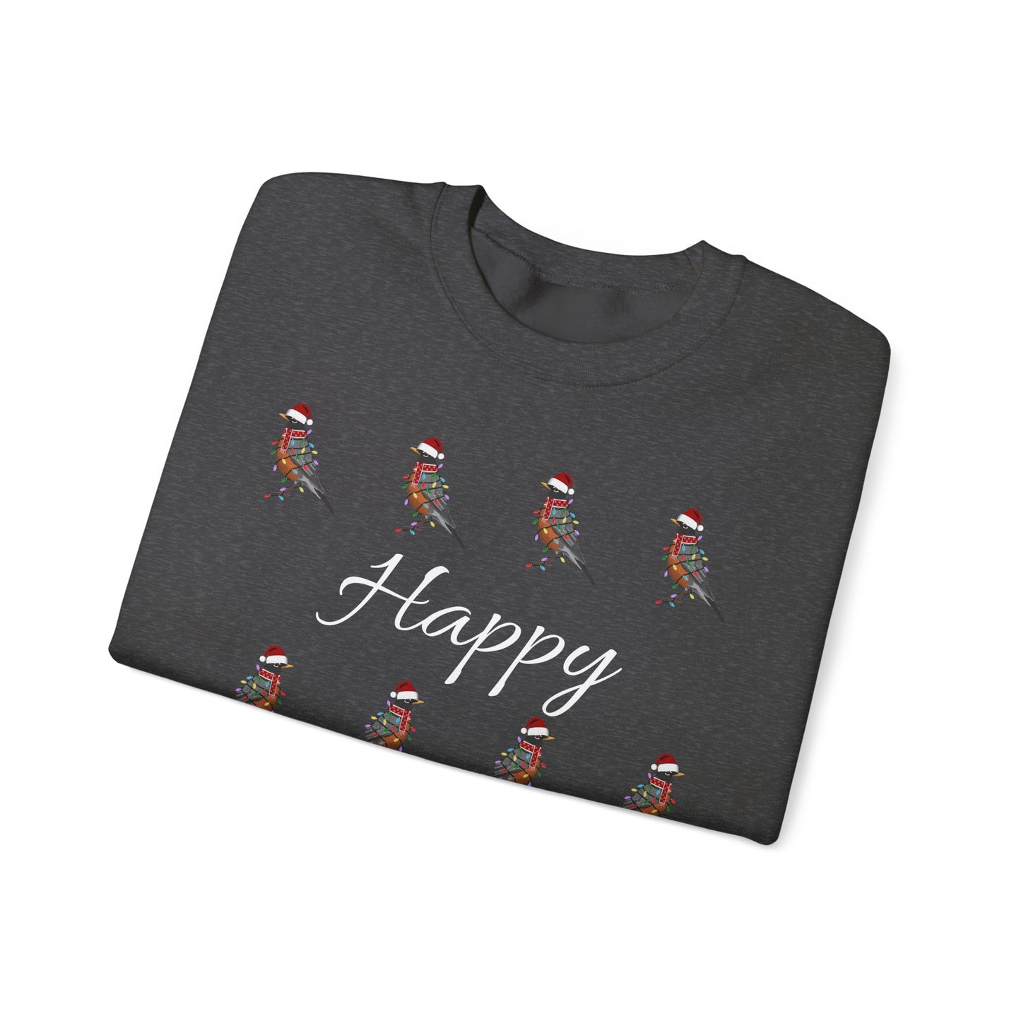 American Robin as Santa with Hat Scarf and Fairy Lights Happy Holidays Birdwatcher Christmas Bird Sweatshirt