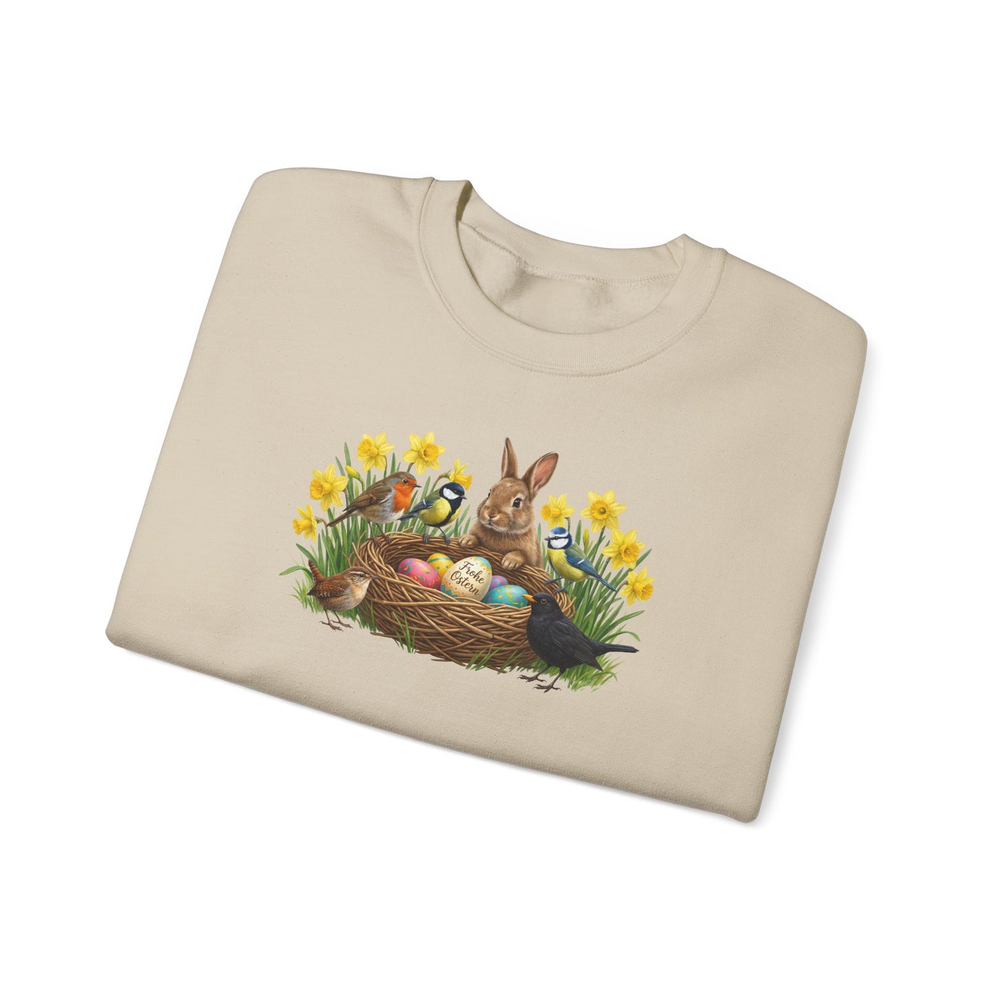 Beige t-shirt with Easter design featuring a rabbit, eggs, and birds on a white background