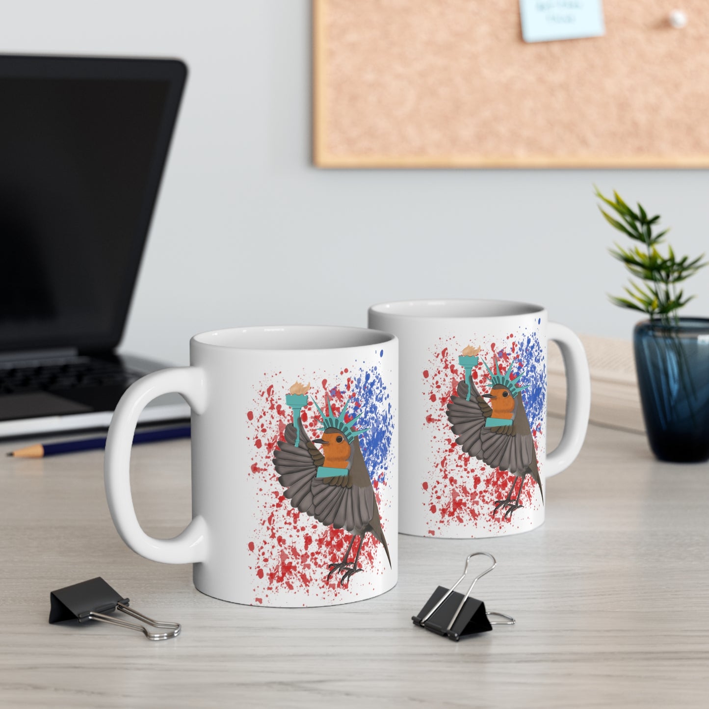 Robin 4th of July Independence Day Statue of Liberty Bird Ceramic Mug 11oz White