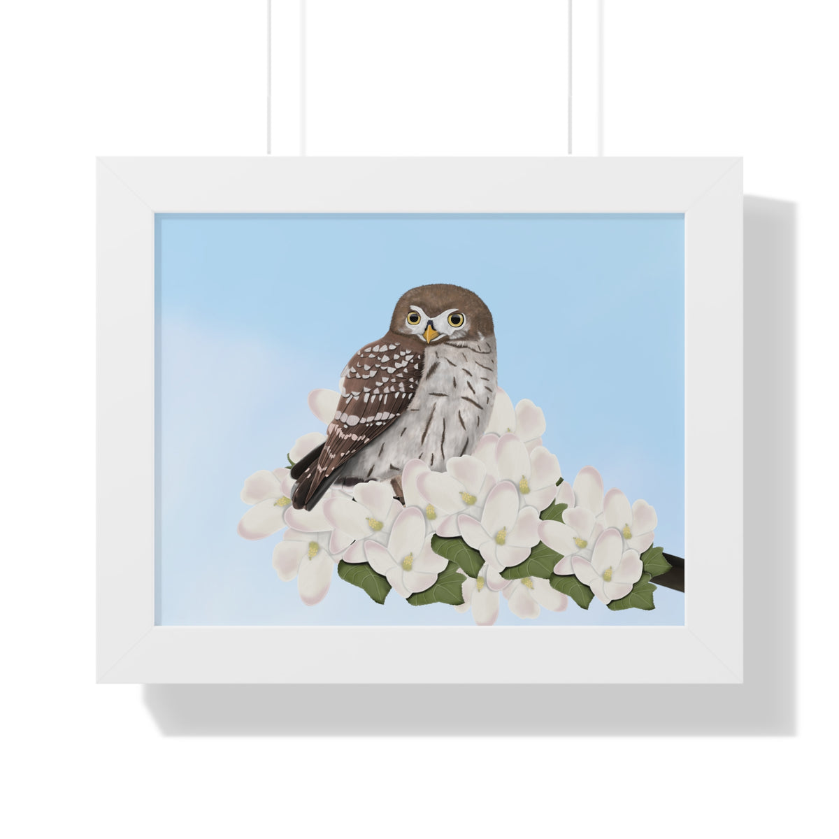 小さなフクロウの春の花鳥額入りポスター