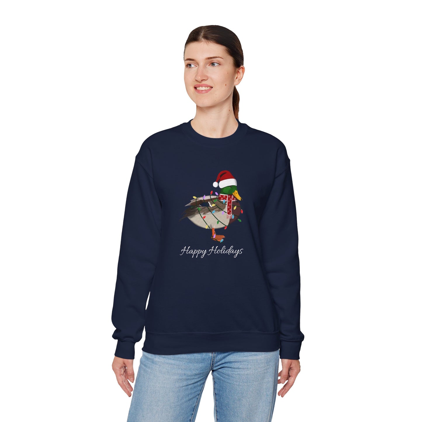 Mallard with Fairy Lights as Santa Happy Holidays Birdwatcher Christmas Bird Sweatshirt