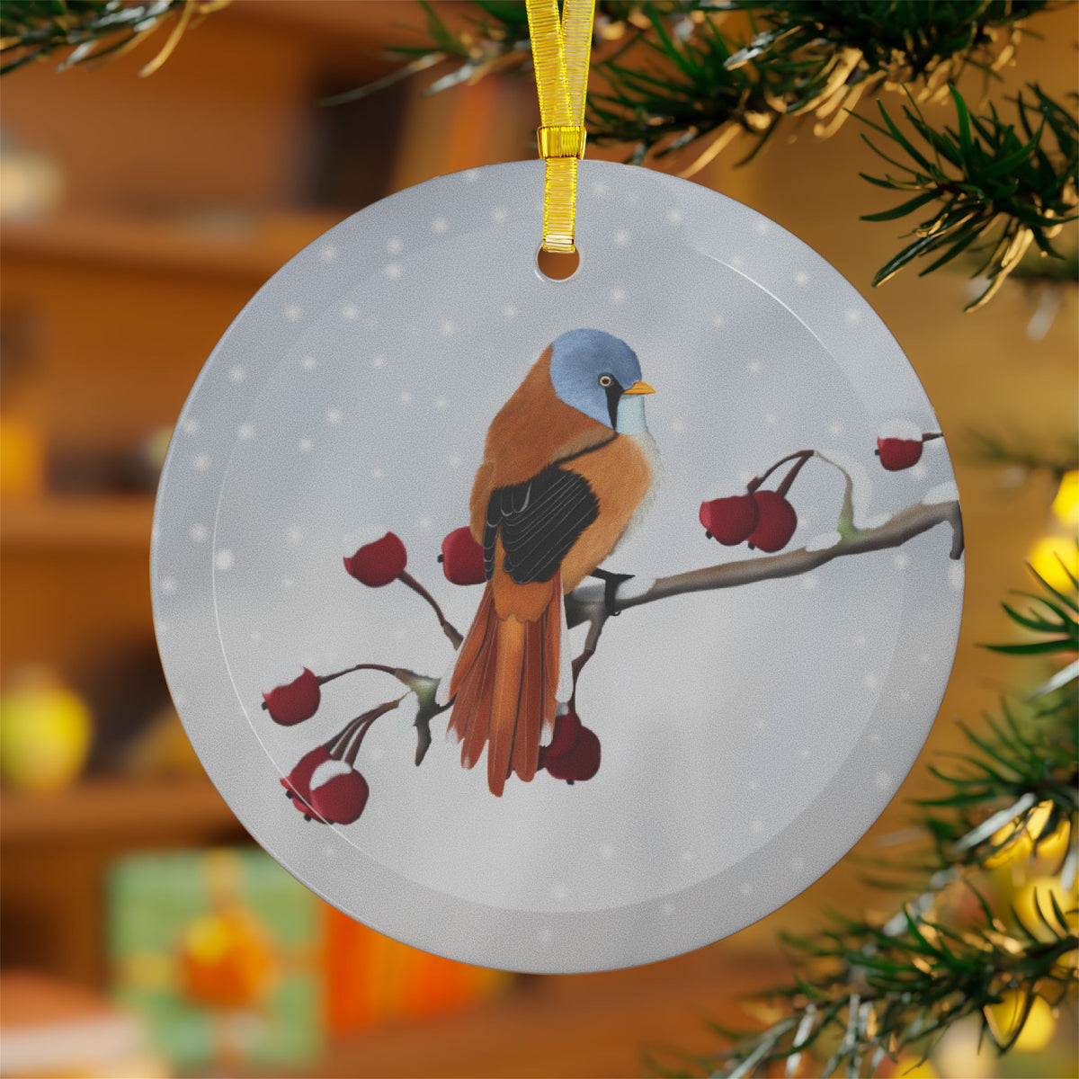 Bearded Reedling Snow Bird Christmas Glass Ornament White Ornaments –
