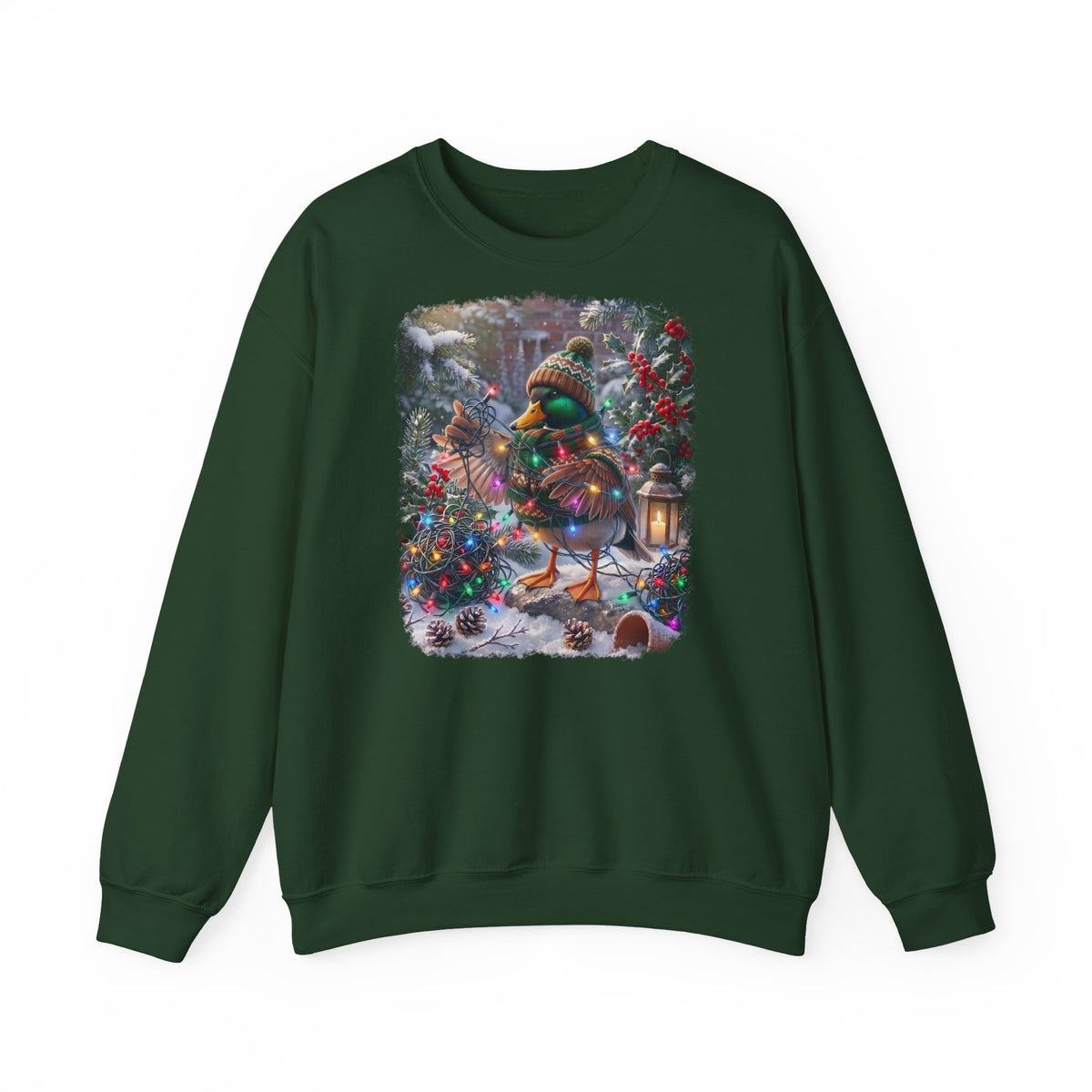 Sweat-shirt haut de gamme avec canard et guirlande lumineuse dans un jardin hivernal pour les amoureux des oiseaux