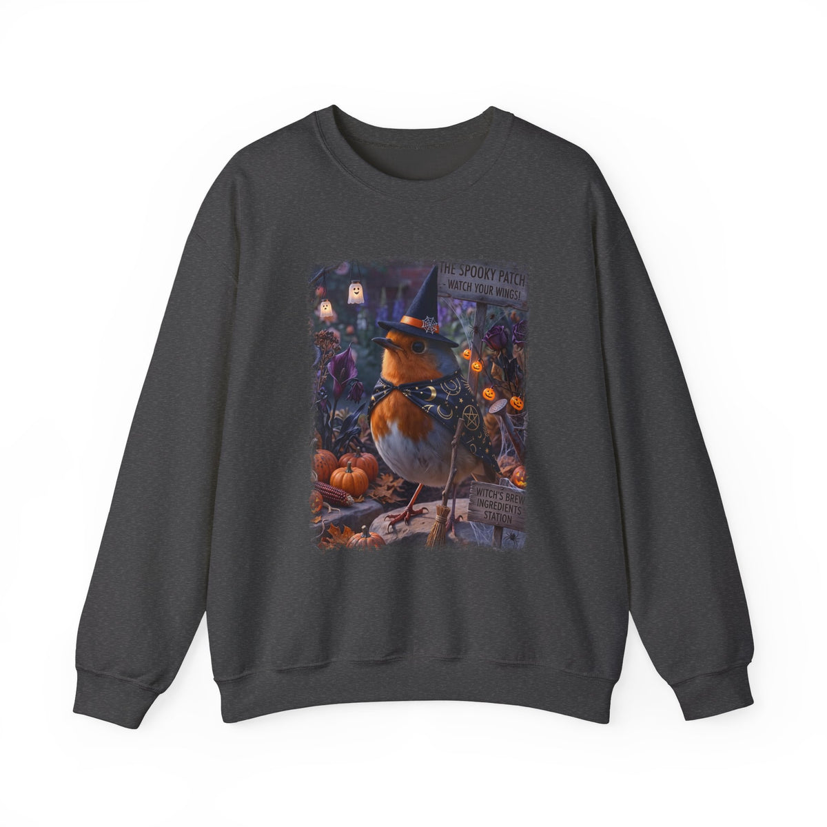 A dark gray crewneck sweatshirt featuring a large, colorful graphic print of a robin wearing a witch's hat and bow tie, surrounded by pumpkins and autumn decorations.