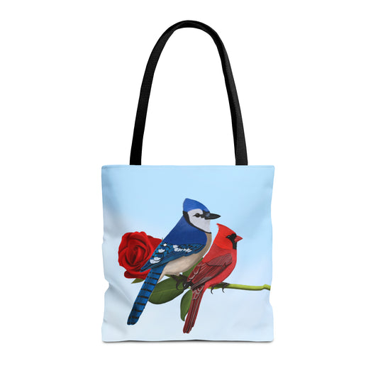 Blue Jay and Cardinal on a Rose Valentine's Day Bird Tote Bag 16"x16"