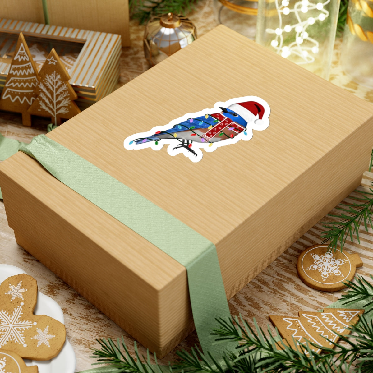 Bluebird with Fairy Lights Santa Claus Hat and Scarf Christmas Bird Sticker – Paper products