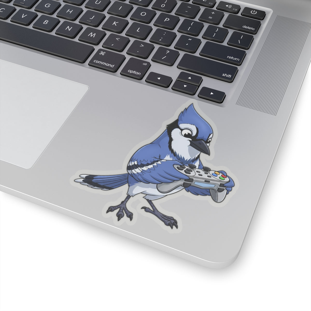Blue Jay Playing Video Games Kiss-Cut Sticker for Bird Watchers and Gaming Lovers