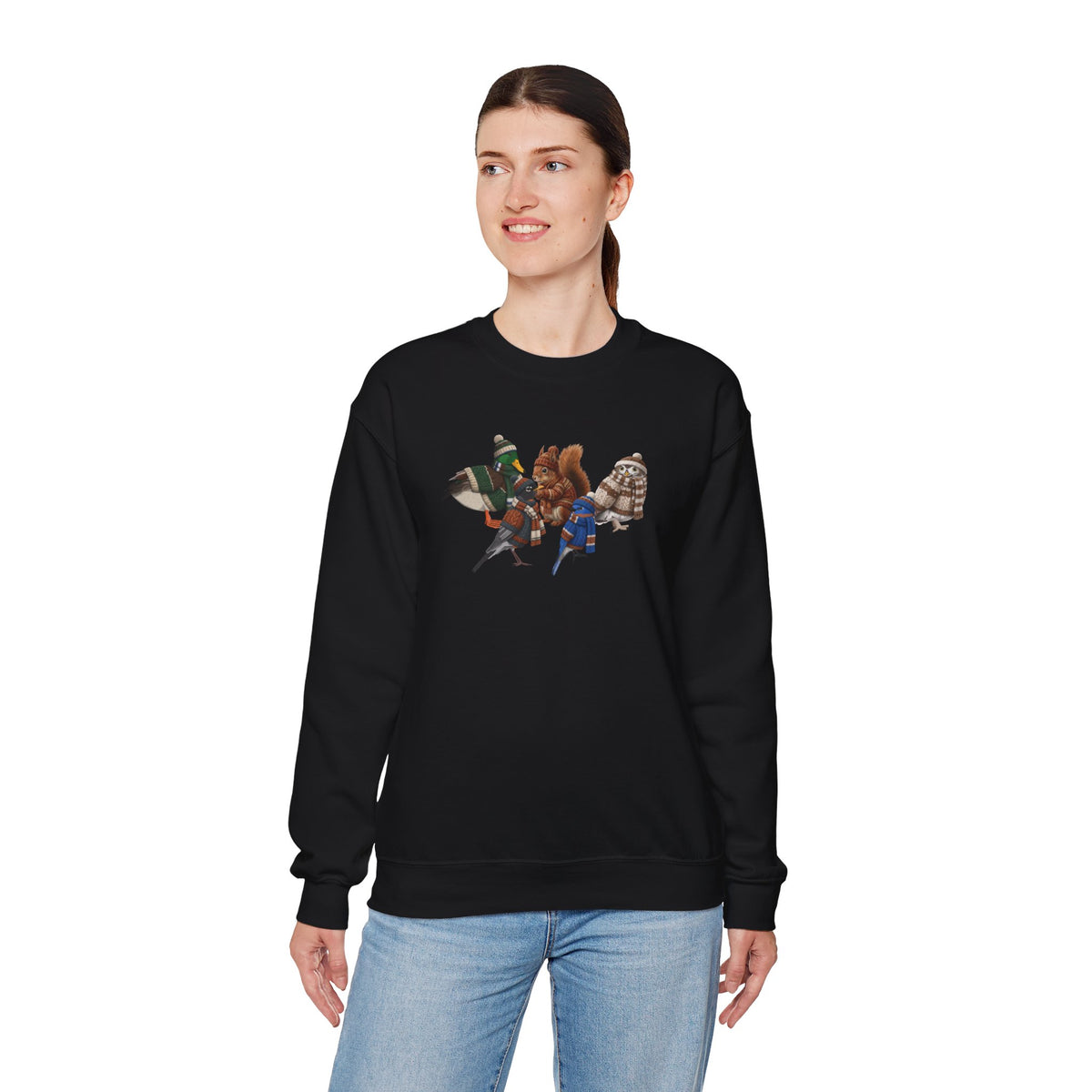 Cozy Winter Crewneck: Backyard Birds & Squirrel in Knitwear