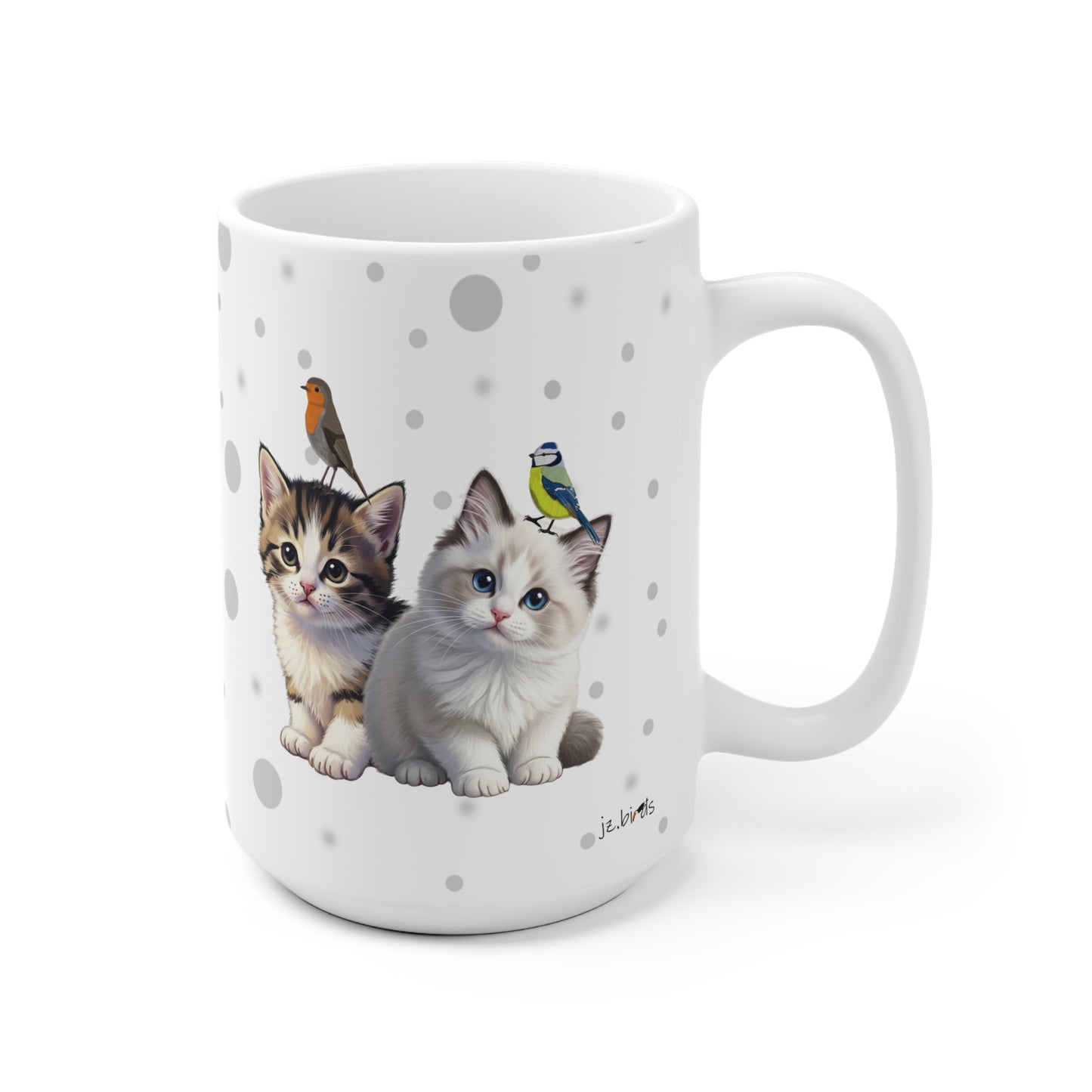 Katzenbabys Kätzchen Tasse mit Rotkehlchen und Blaumeise Tiermotiv Punkte Grau