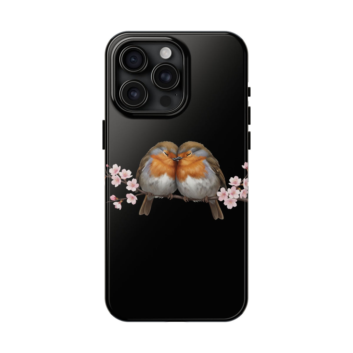 European Robin with Cherry Blossoms iPhone Case – Premium Tough Phone Cover Black