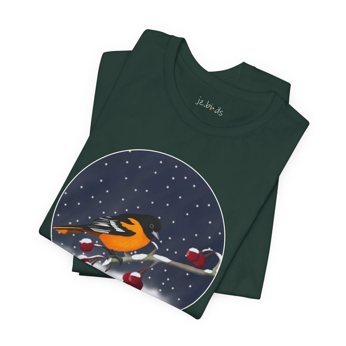 Baltimore Oriole on a Winter Branch Birdwatcher Christmas Bird T-Shirt