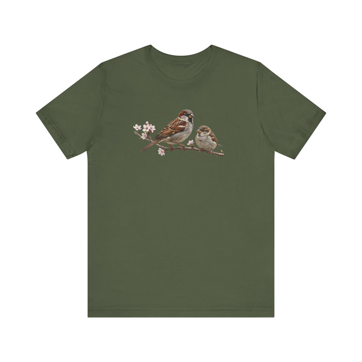 Tree Sparrow & Fledgling T-Shirt | Spring Blossoms Unisex Graphic Tee