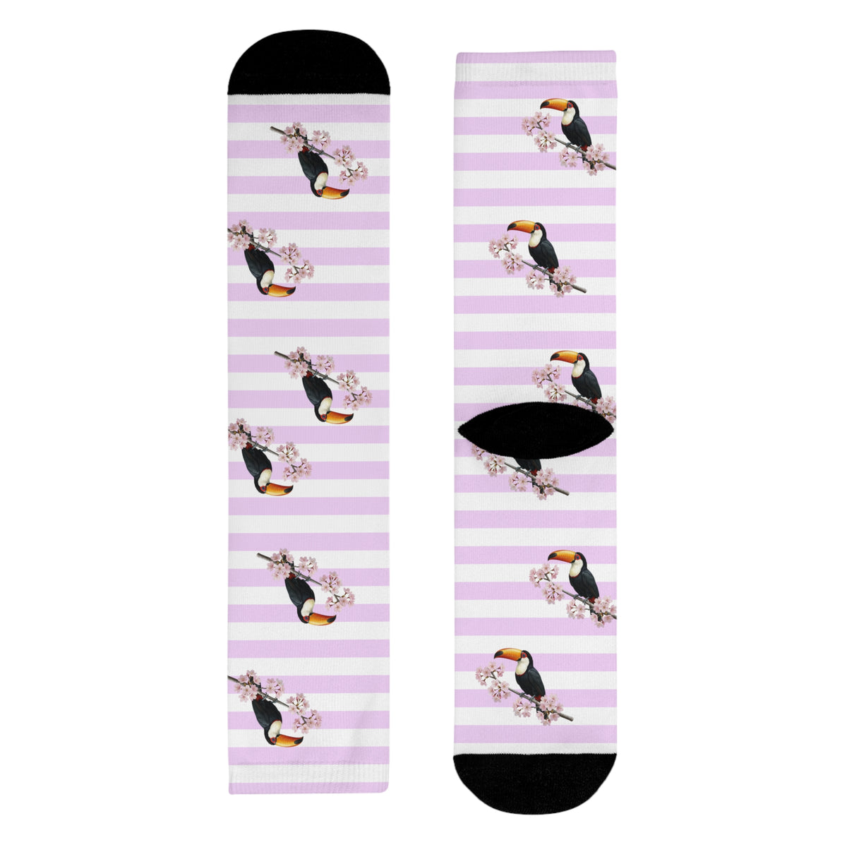 Tukan Socken mit – Kirschblüten | Weiß Rosa gestreifte Vogelmotiv Strümpfe