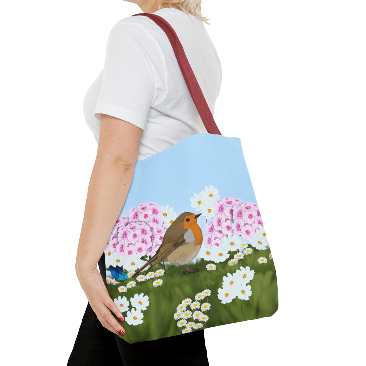 Robin in Summer Flowers Bird Tote Bag 16"x16" - jz.birds
