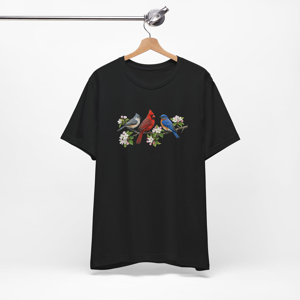 Tufted Titmouse, Cardinal & Bluebird Apple Blossoms – Floral Bird Lover Gift T-Shirt –