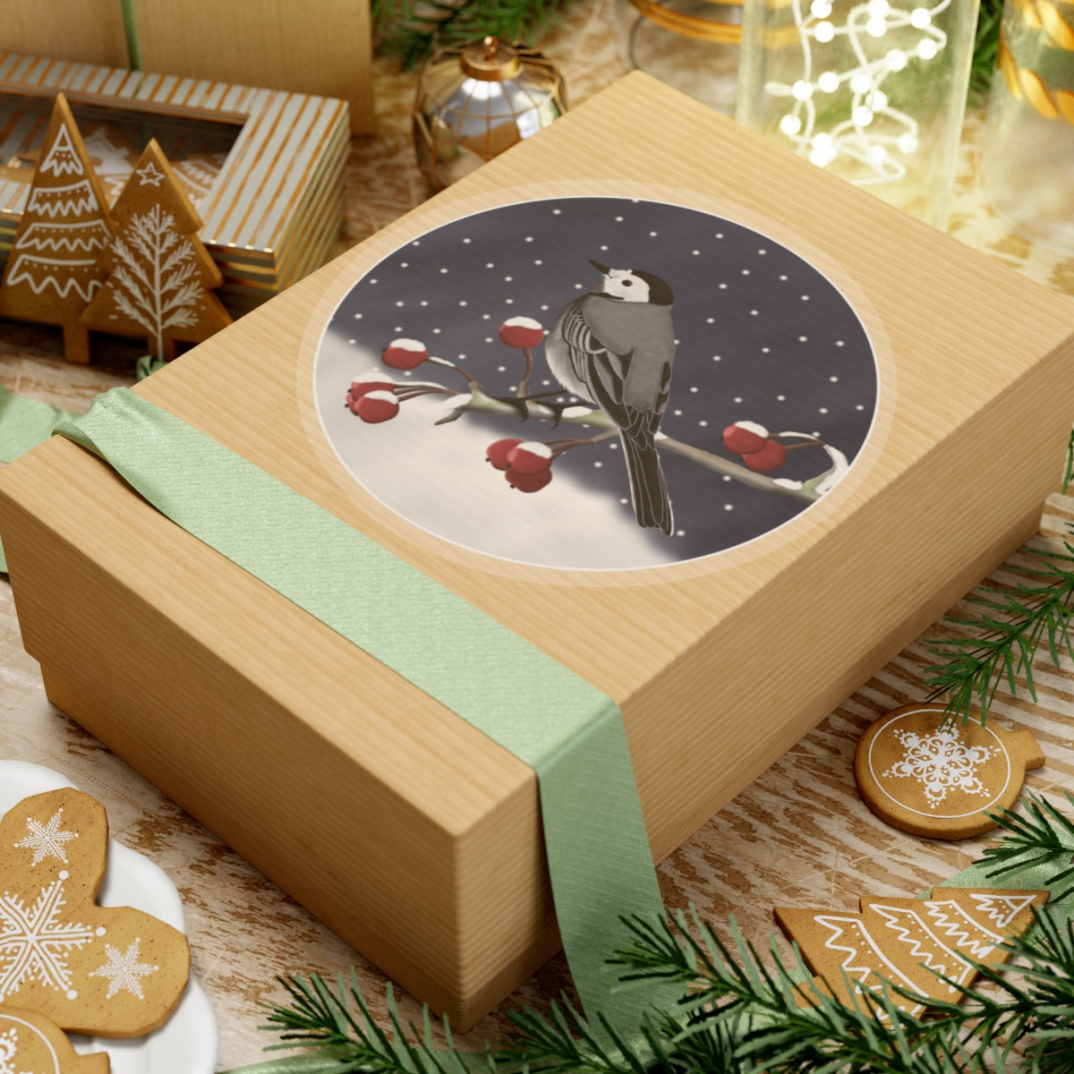 冬の枝にとまるハクセキレイのクリスマス鳥ステッカー