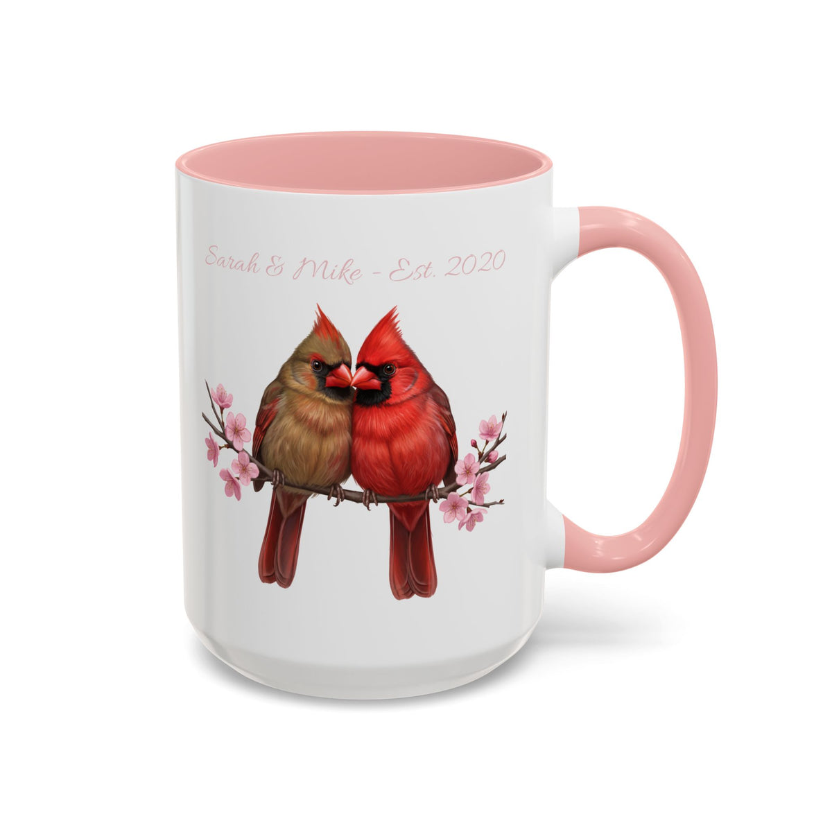 personalized mug with two cardinals on a branch with cherry blossoms as a valentine's day and mother's day gift.