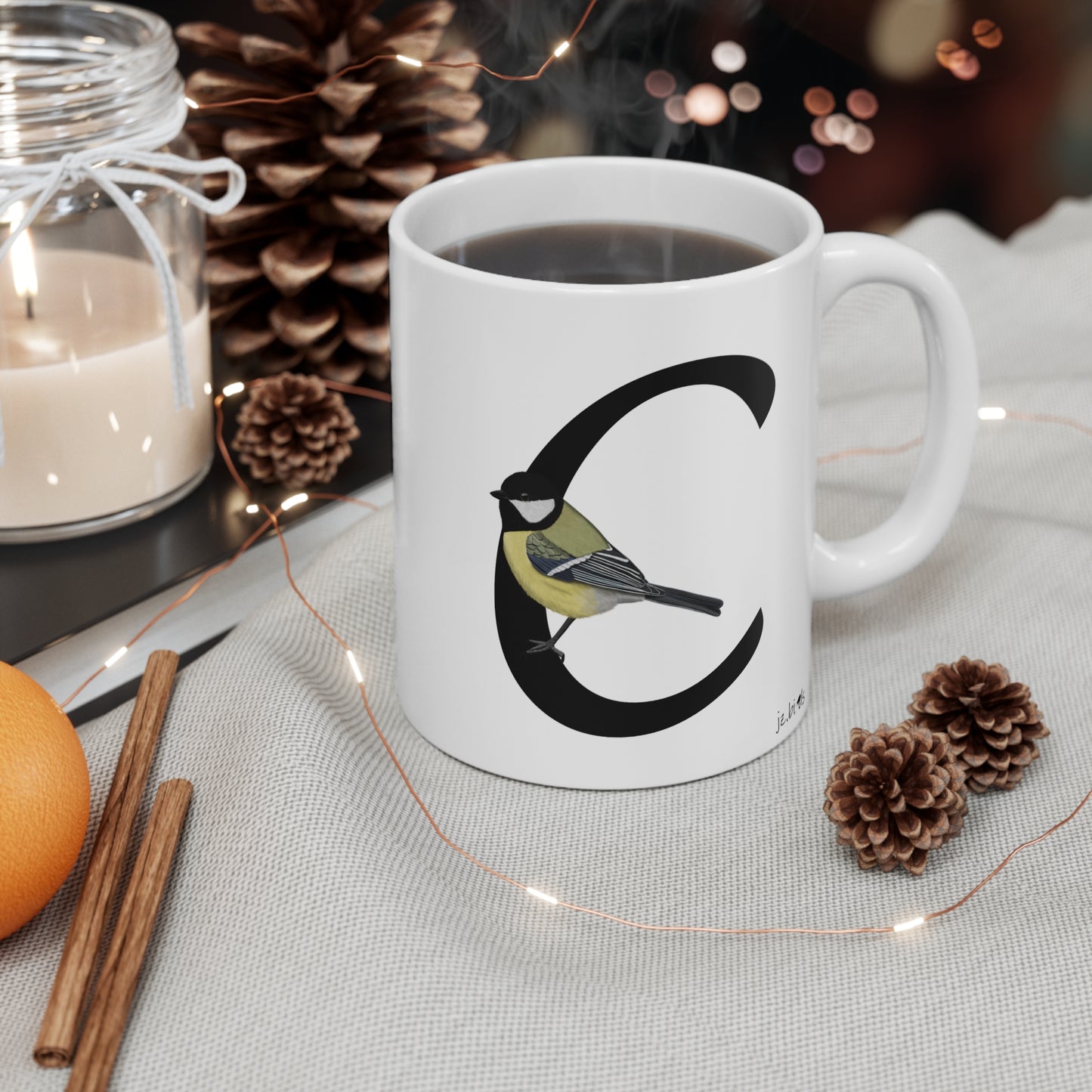 Chickadee Letter C Bird Ceramic Mug 11oz White