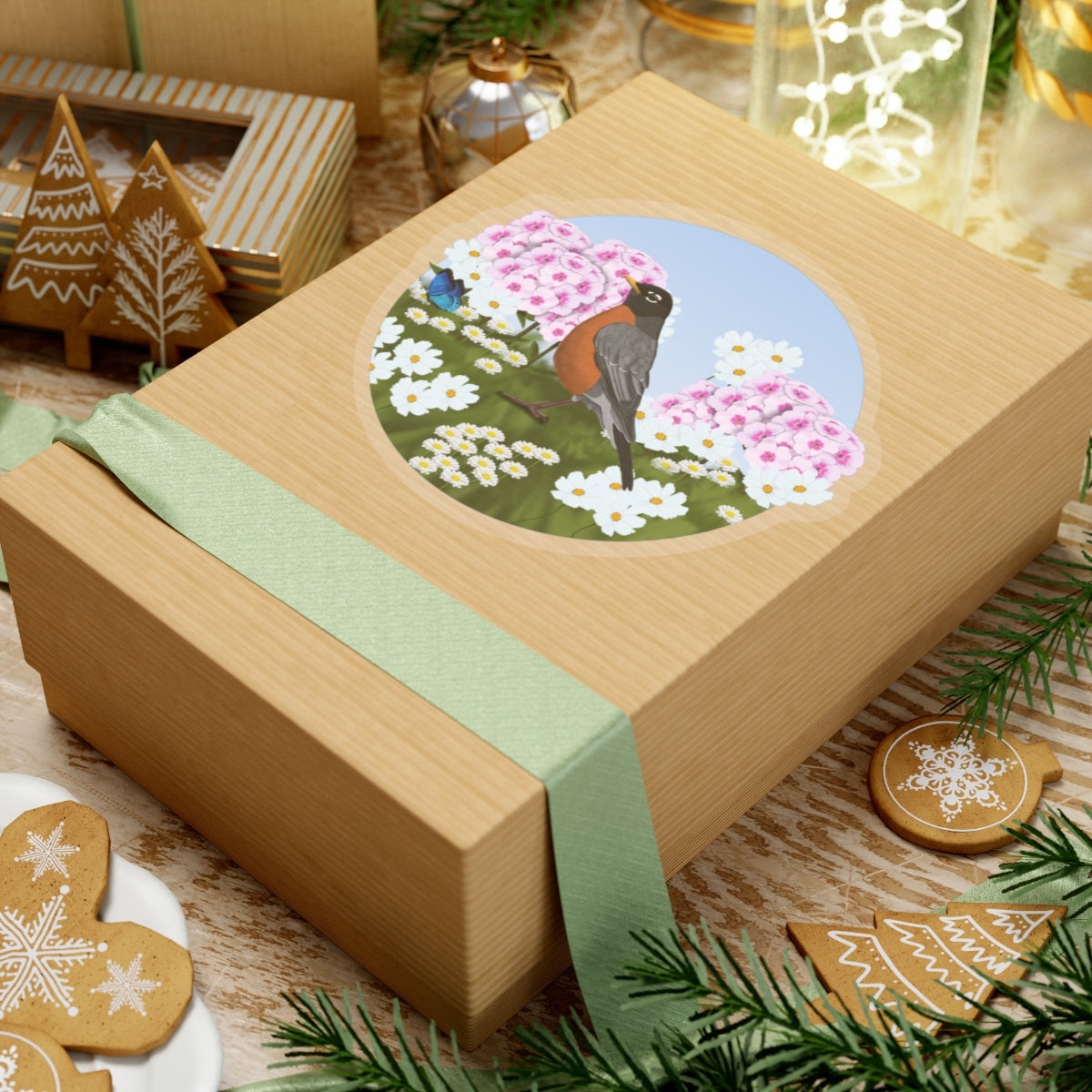 American Robin Summer Flowers Bird Kiss-Cut Sticker - jz.birds