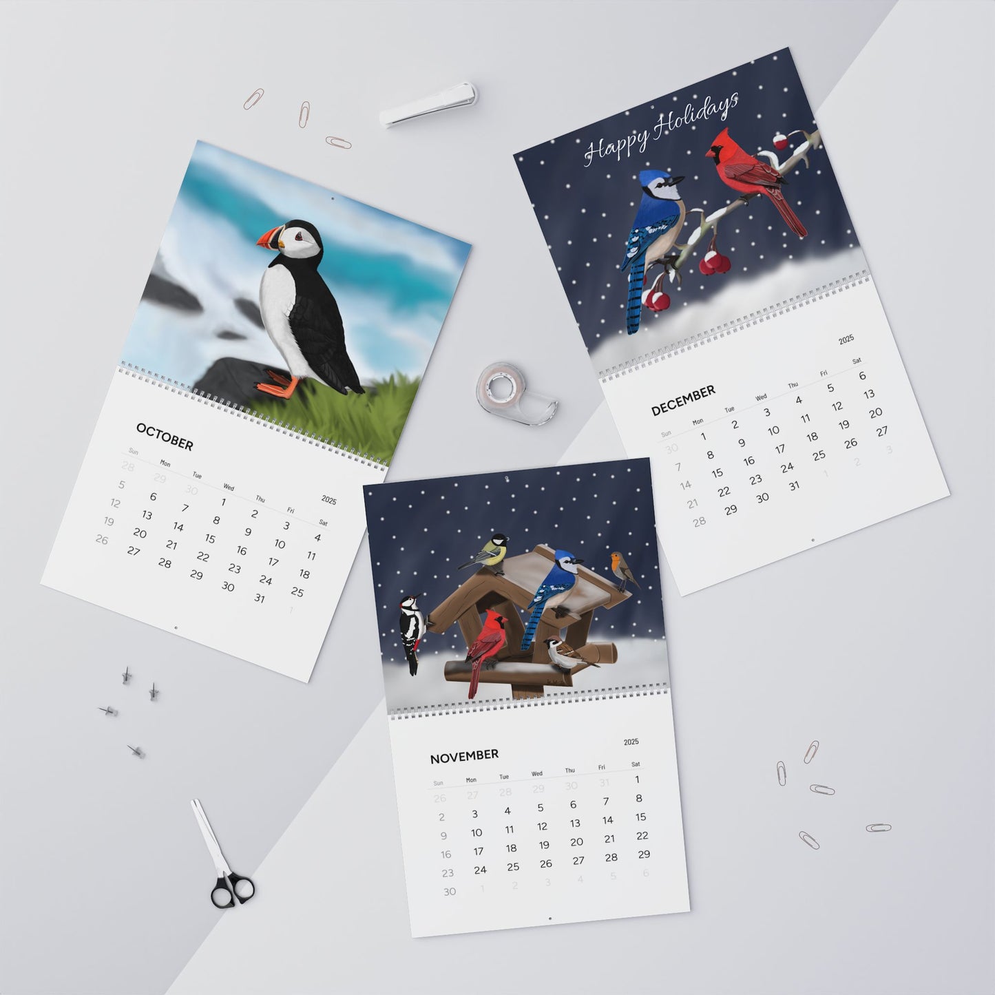 Backyard Birds Blue Jay Cardinal Robin Wall Calendar with 2025 Grid