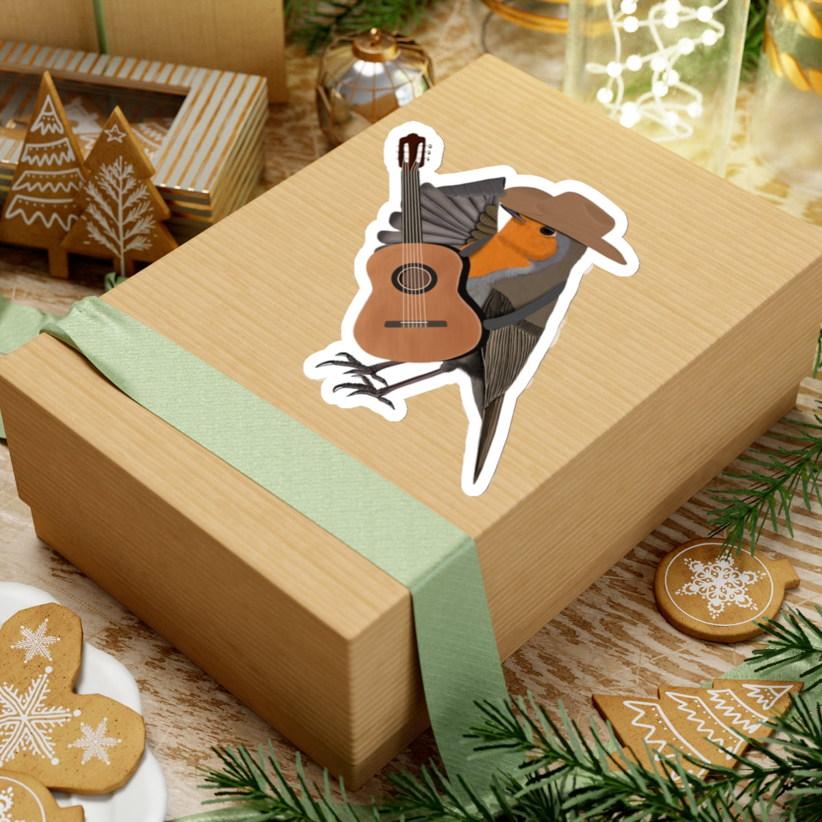 Robin with Cowboy Hat and Guitar Country Music Bird Kiss-Cut Sticker