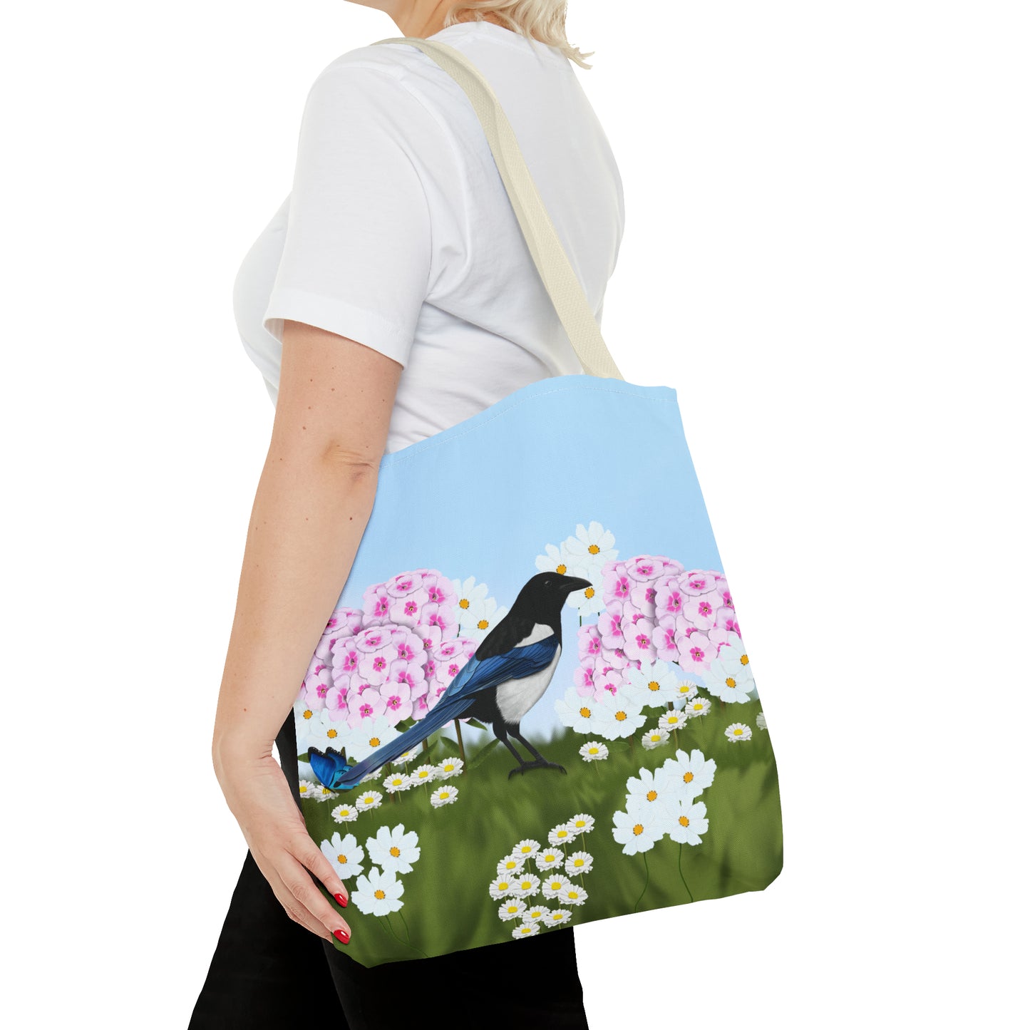 Magpie in Summer Flowers Bird Tote Bag 16"x16" - jz.birds