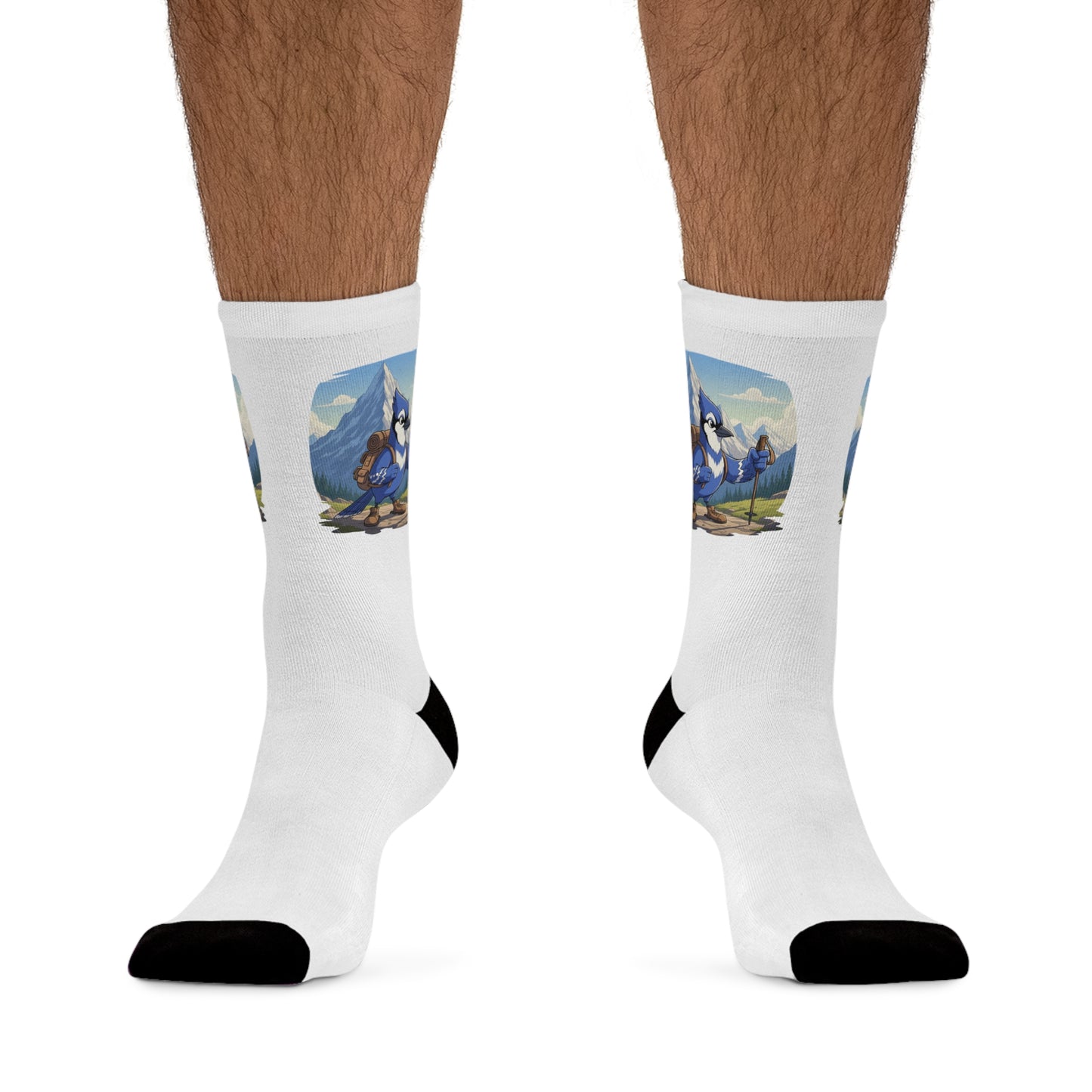 Blue Jay on a Hike Bird Socks White for Bird and Hiking Lovers One Size