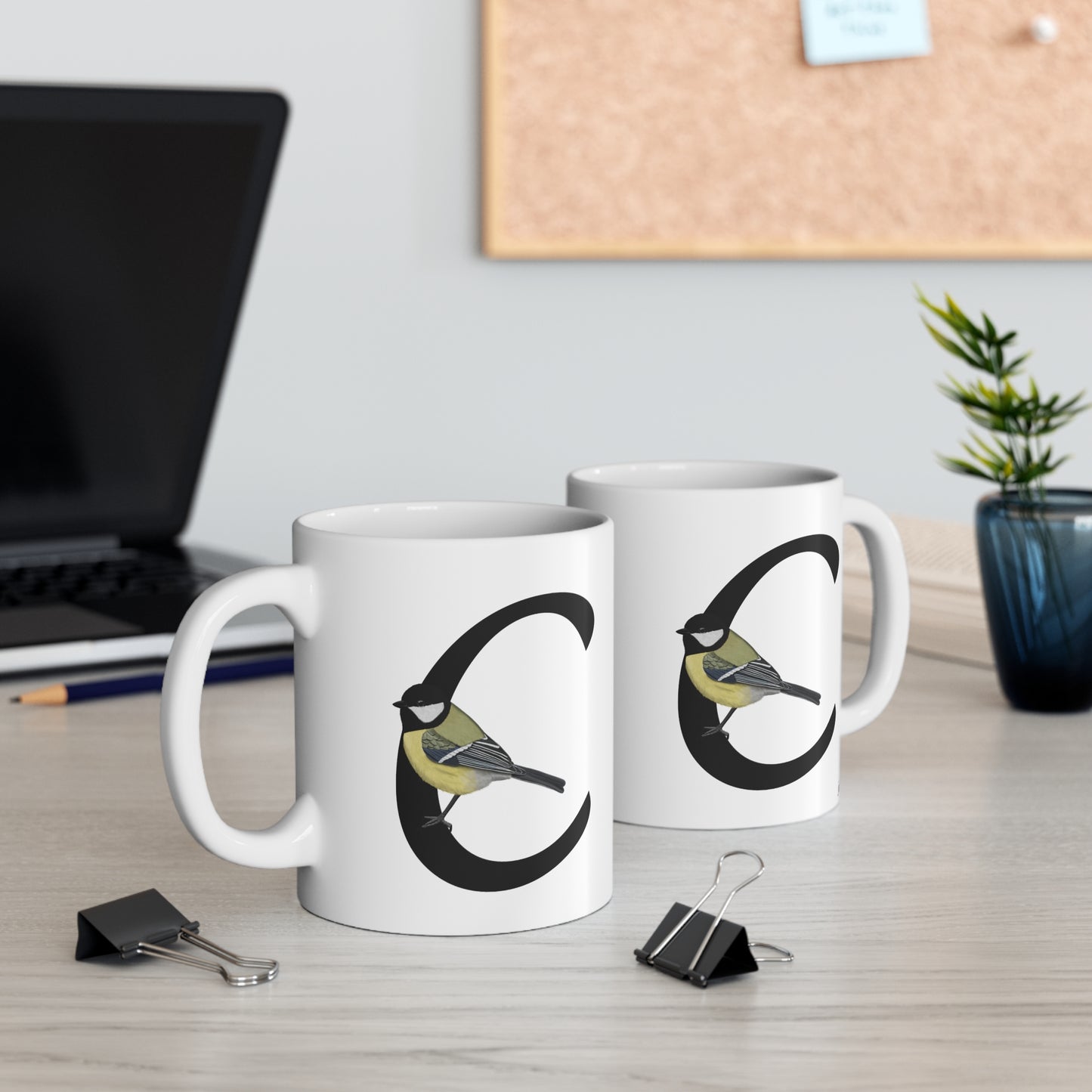 Chickadee Letter C Bird Ceramic Mug 11oz White